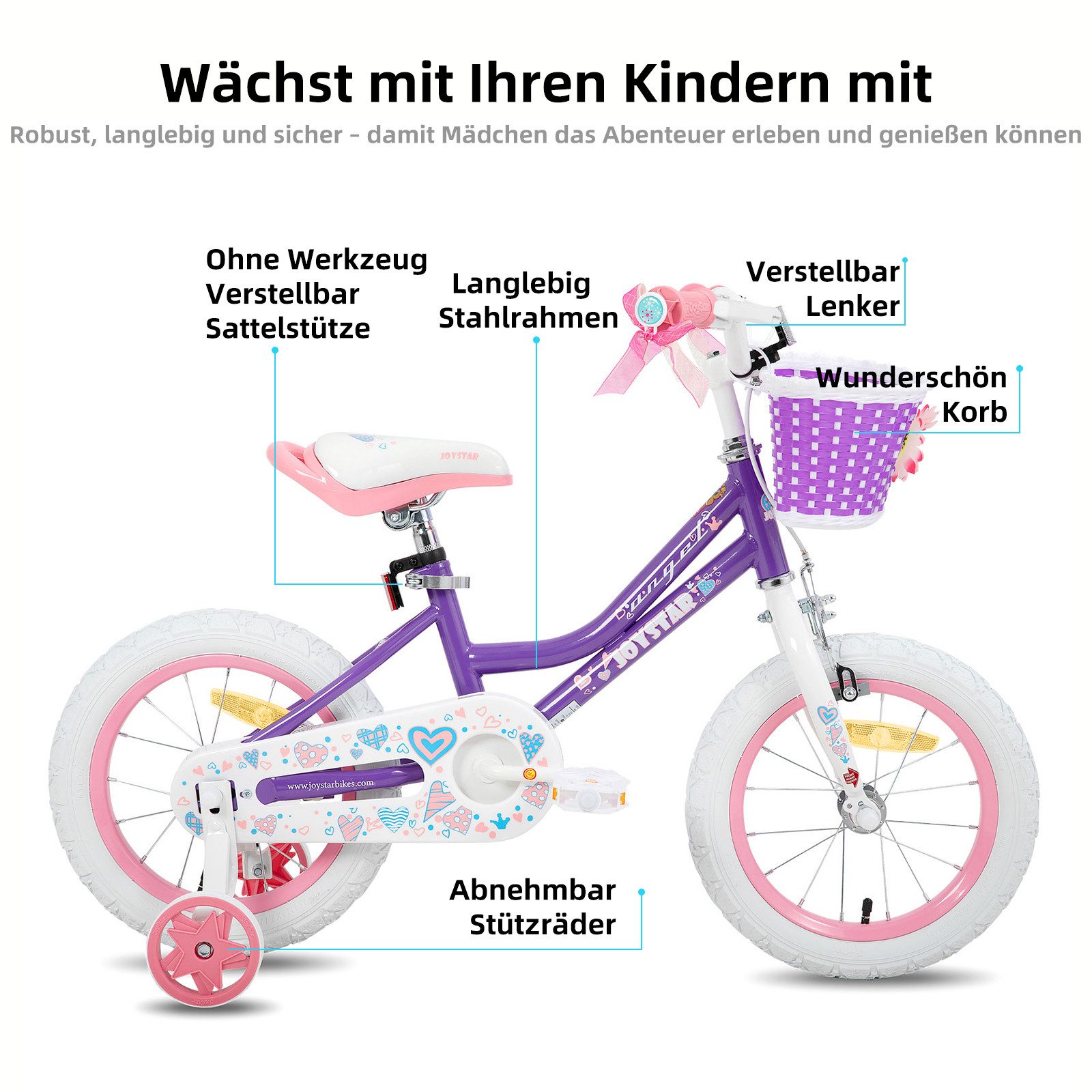 JOYSTAR Kinderfahrrad 12 14 16 18 Zoll Mädchenfahrrad, 3 - 9 Jahre,Geschenk für Prinzessin, 1 Gang, Mit Hilfsrädern, farbigen Bändern, Korb, Reflektor, Kettenabdeckung