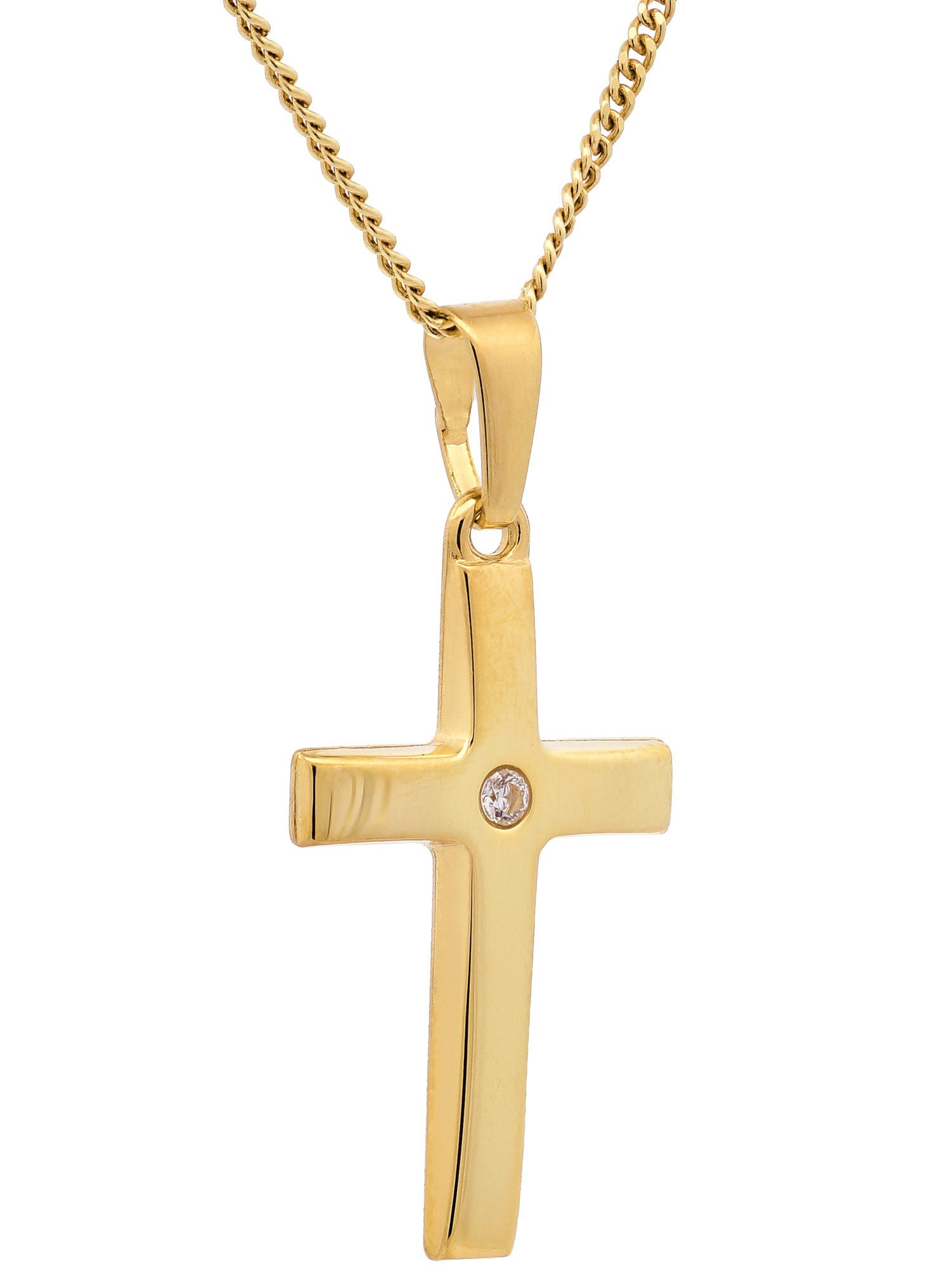Kreuzanhänger Anhänger Kreuz Zirkonia 585 Gold mit vergoldeter Silberkette 36 cm