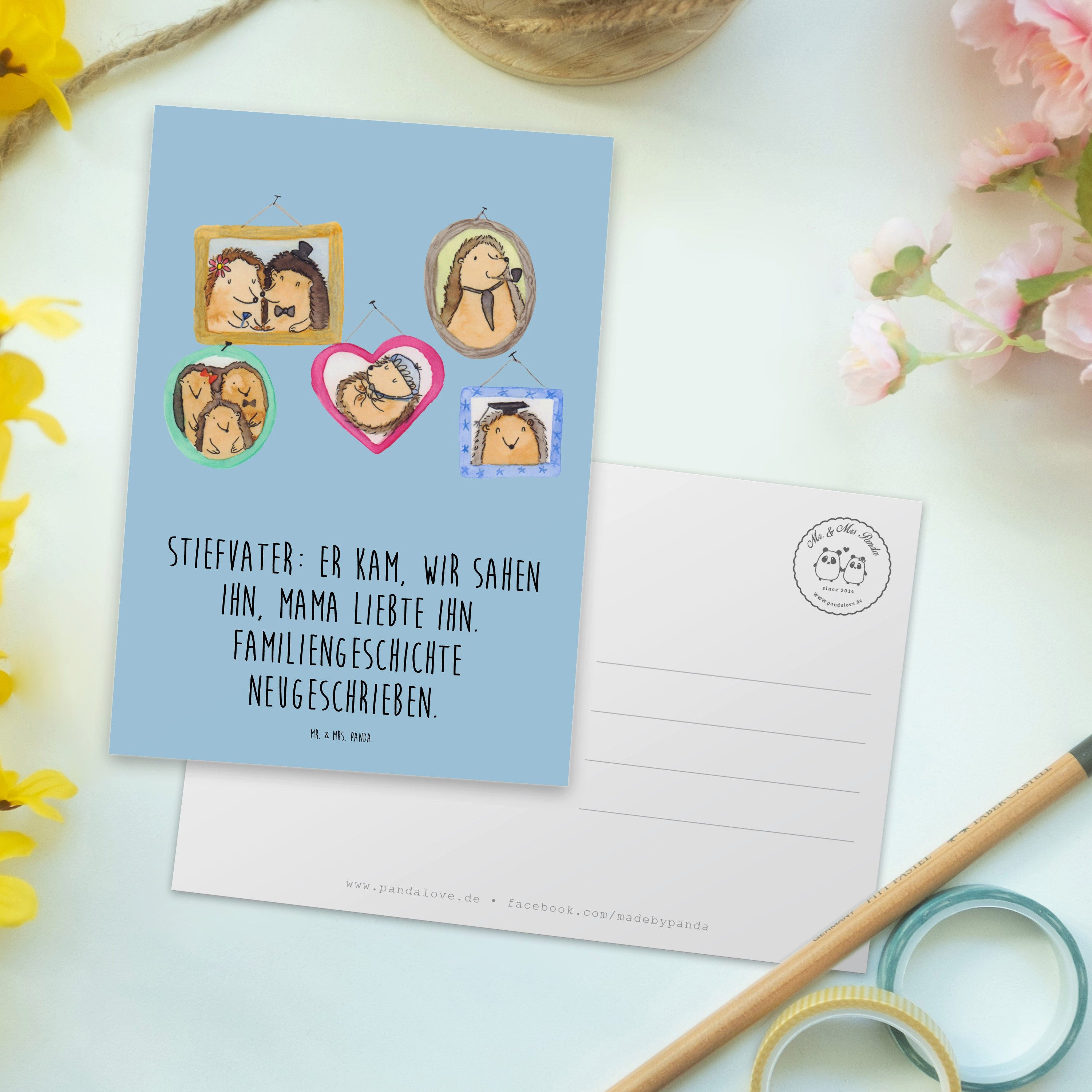 Thumbnail - Mr. & Mrs. Panda Postkarte Stiefvater Liebe - Blau Pastell - Geschenk, Einladungskarten Geburtst, Charmante Designs