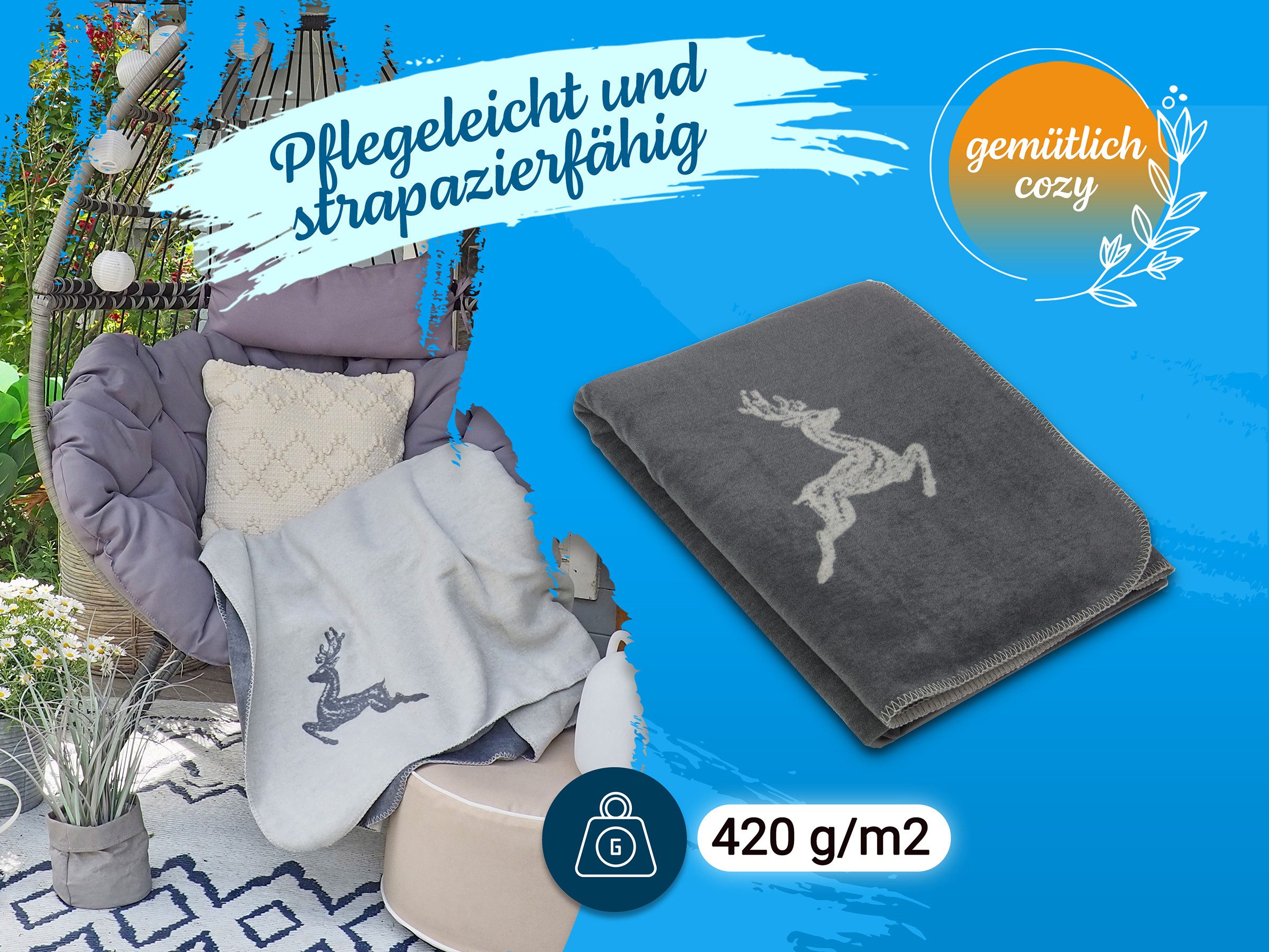 Wohndecke, ZOLLNER, 150 x 200 cm, 60% Baumwolle, 40% Polyacryl, mit Hirschm günstig online kaufen