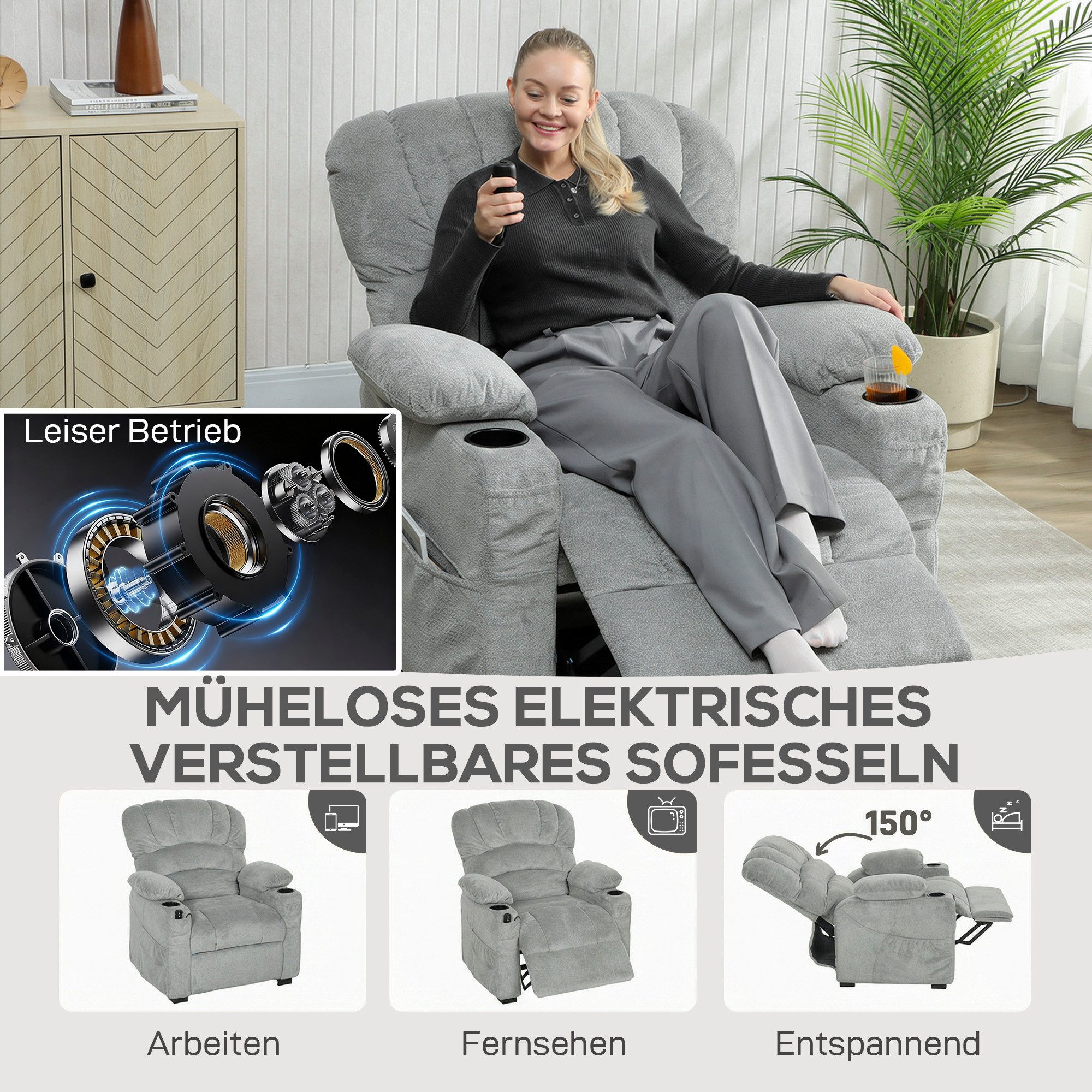 HOMCOM Relaxsessel Elektrischer Fernsehsessel TV Sessel mit Liegefunktion (Set, 1-St., 1), 2 Memory-Positionen, USB, leiser Motor – Bild 4 von 5