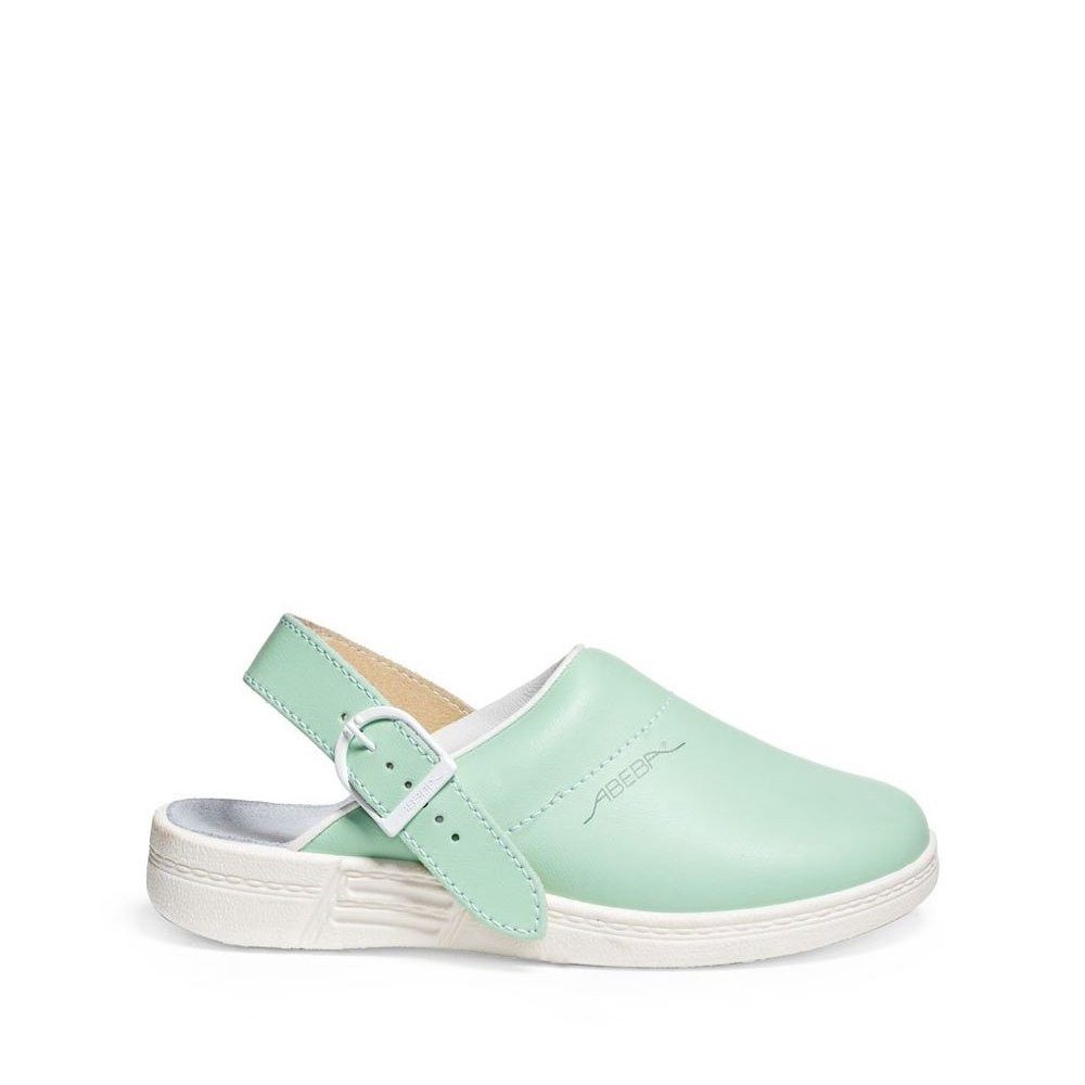 Abeba The Original Clog Mint-Weiß – Glattleder Holzfußbett OB Src Berufsschuh
