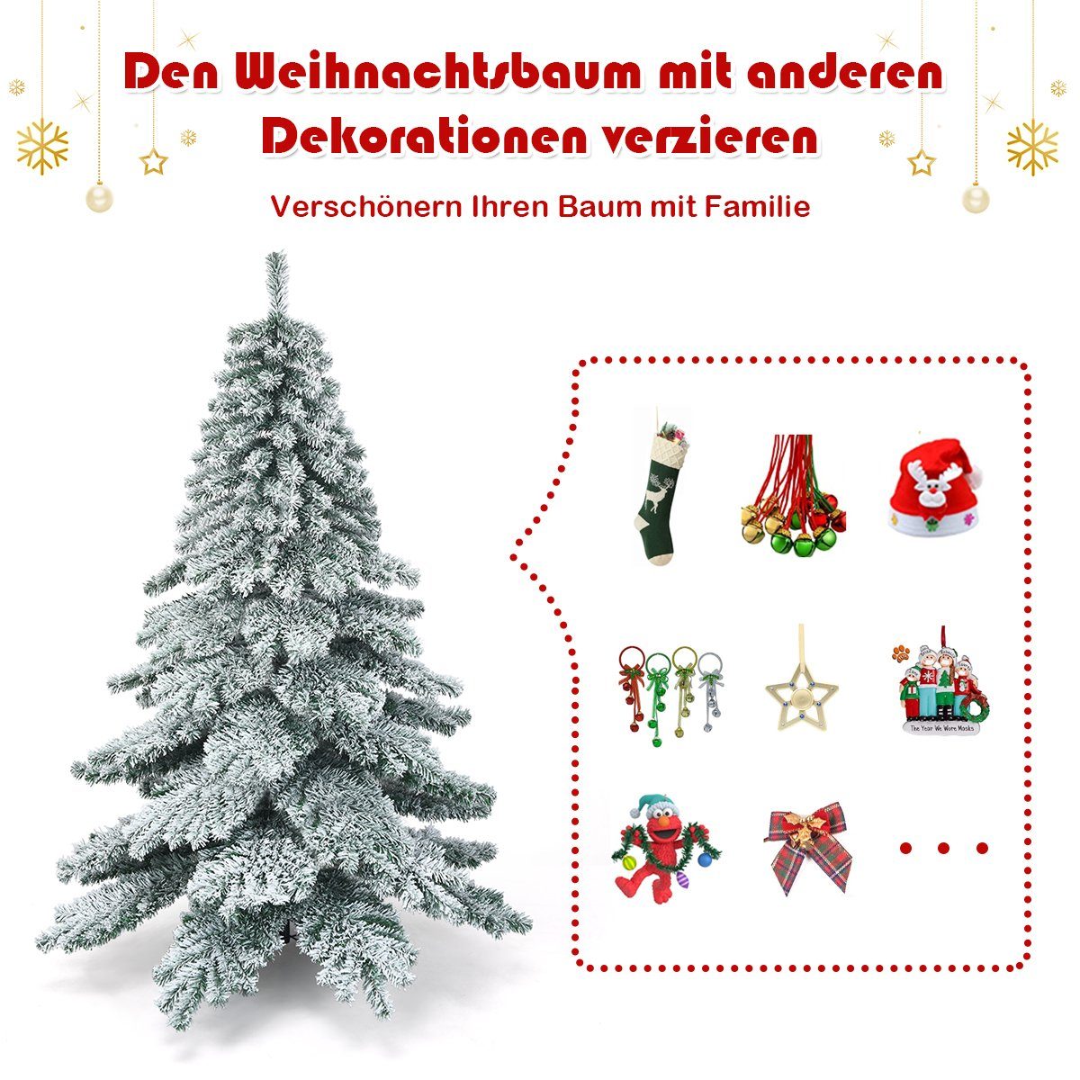 COSTWAY Künstlicher Weihnachtsbaum, 657 PVC Spitzen mit Schnee, Metallständer