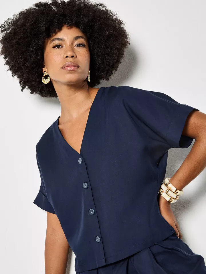 Apricot Blusentop Leichtes Shirt mit V-Ausschnitt mit Knopfleiste