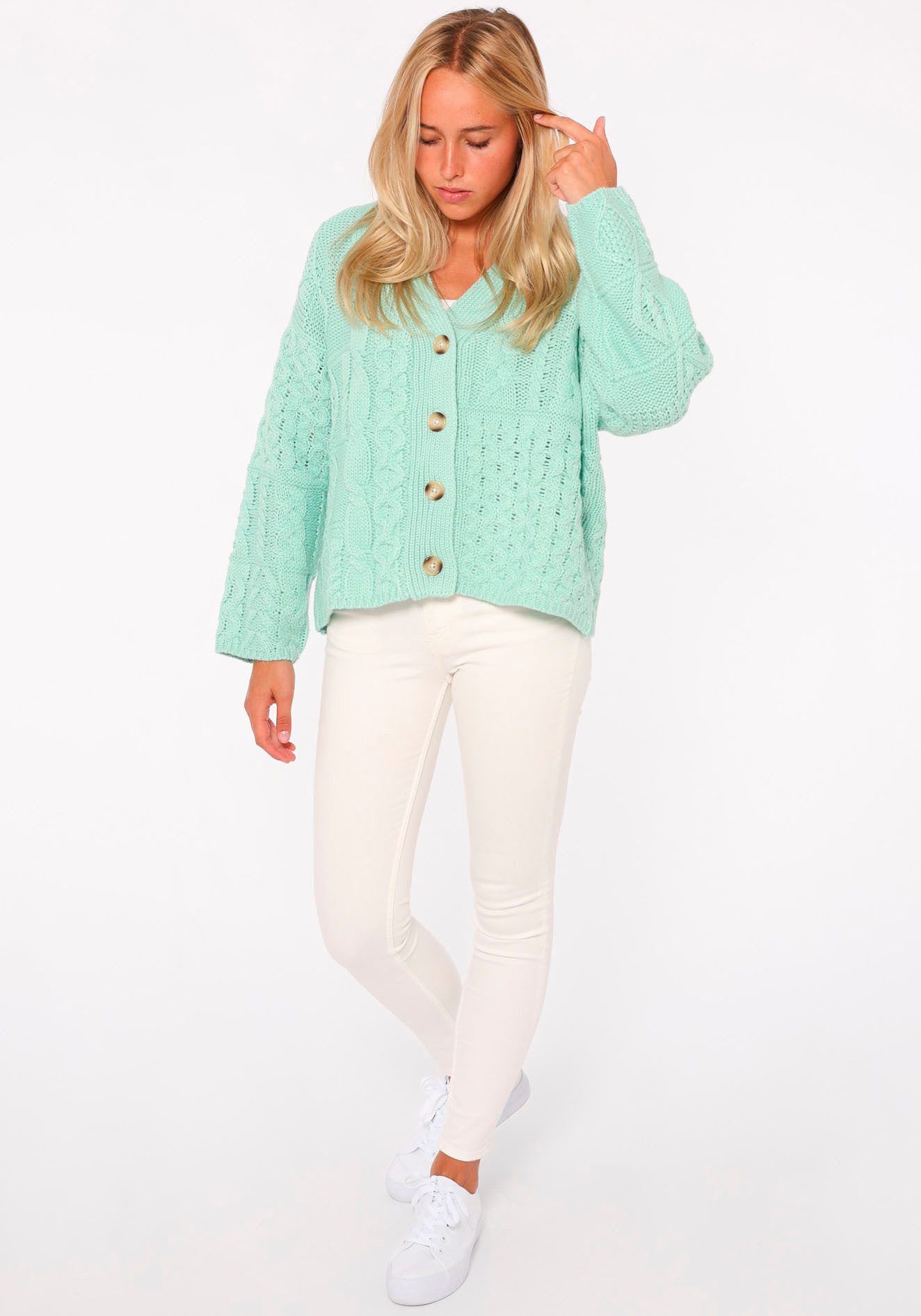 Zwillingsherz Cardigan Langarm, Wollanteil, Zopf-Muster, Knöpfe, V-Ausschni günstig online kaufen