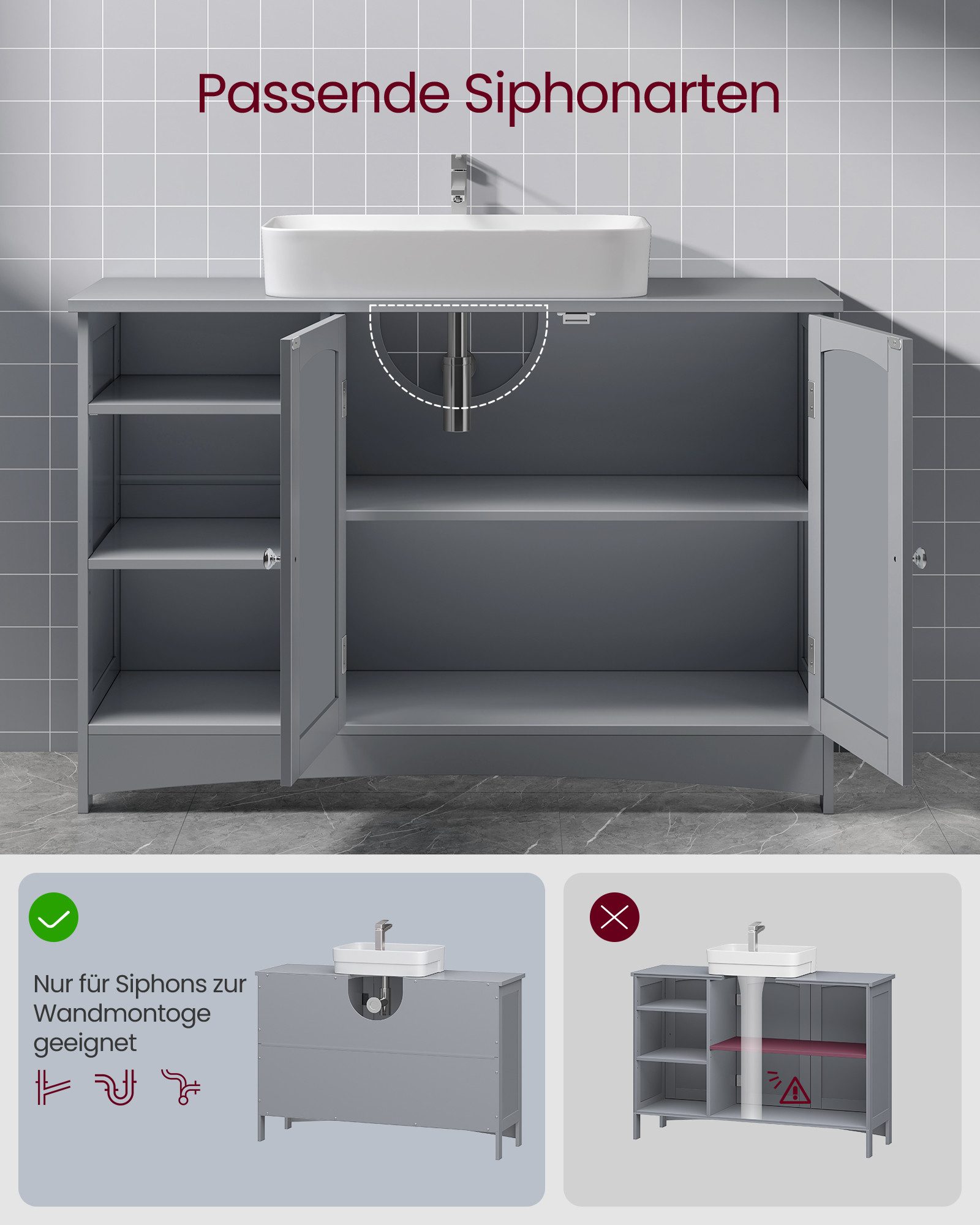 VASAGLE Waschbeckenunterschrank Badezimmerschrank höhenverstellbare Ablagen 2 Türen, 30 x 90 x 60 cm, extra lang, offene Fächer, Unterschrank – Bild 5 von 5