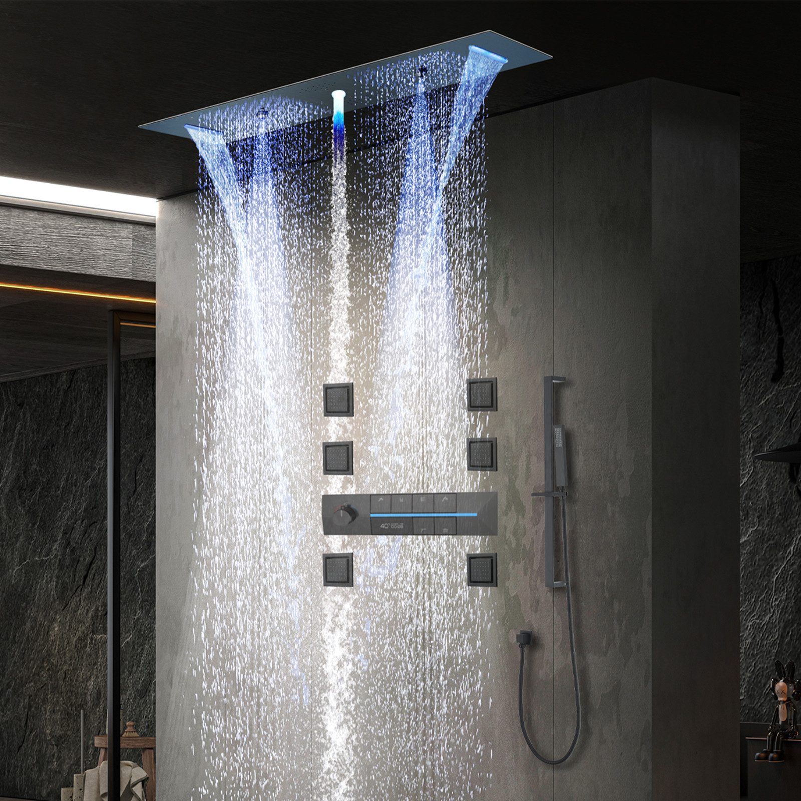 Oihpaw Duschsystem 900 x 300 mm 4 Funktions LED Musik Duschkopf, Ganzkörper Duschsystem, 4 Strahlart(en), Thermostatisches Duschventil mit 6 Funktionen