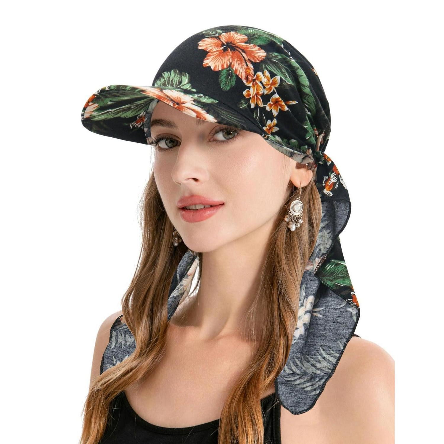 LuxusKollektion Turban-Tuch Kopfbedeckung Damen Chemo Krempe Visier Mütze Beanie Blumen schwarz