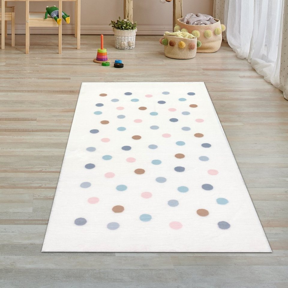 Kinderteppich Kinder-teppich Spielteppich bunte Punkte weich pflegeleicht  creme, Teppich-Traum, rechteckig, Schmutzabweisend, Geeignet für  Fußbodenheizung
