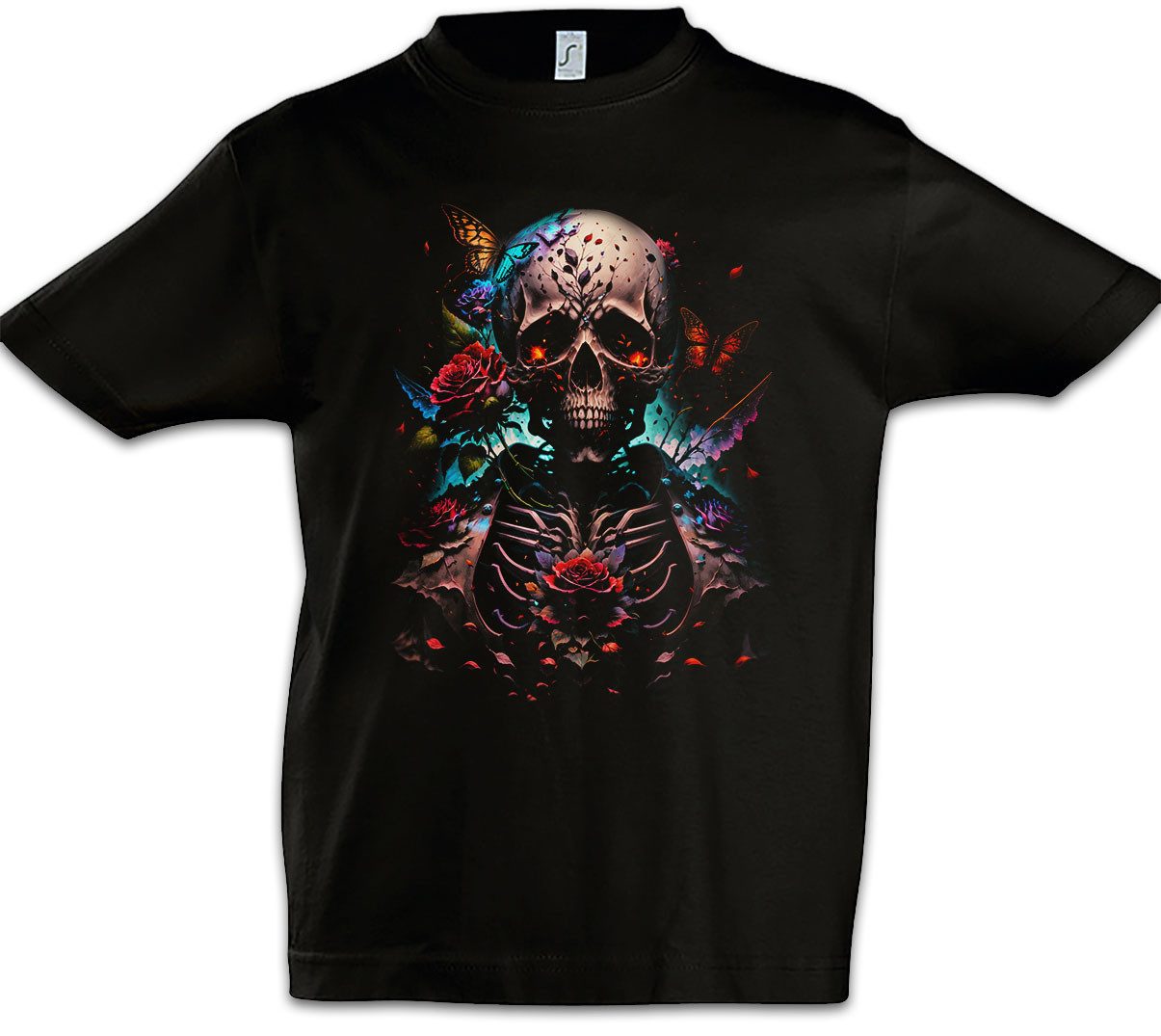 Print-Shirt Flower Skull Kinder T-Shirt Flowers Schädel Tattoo Totenschädel Kunst