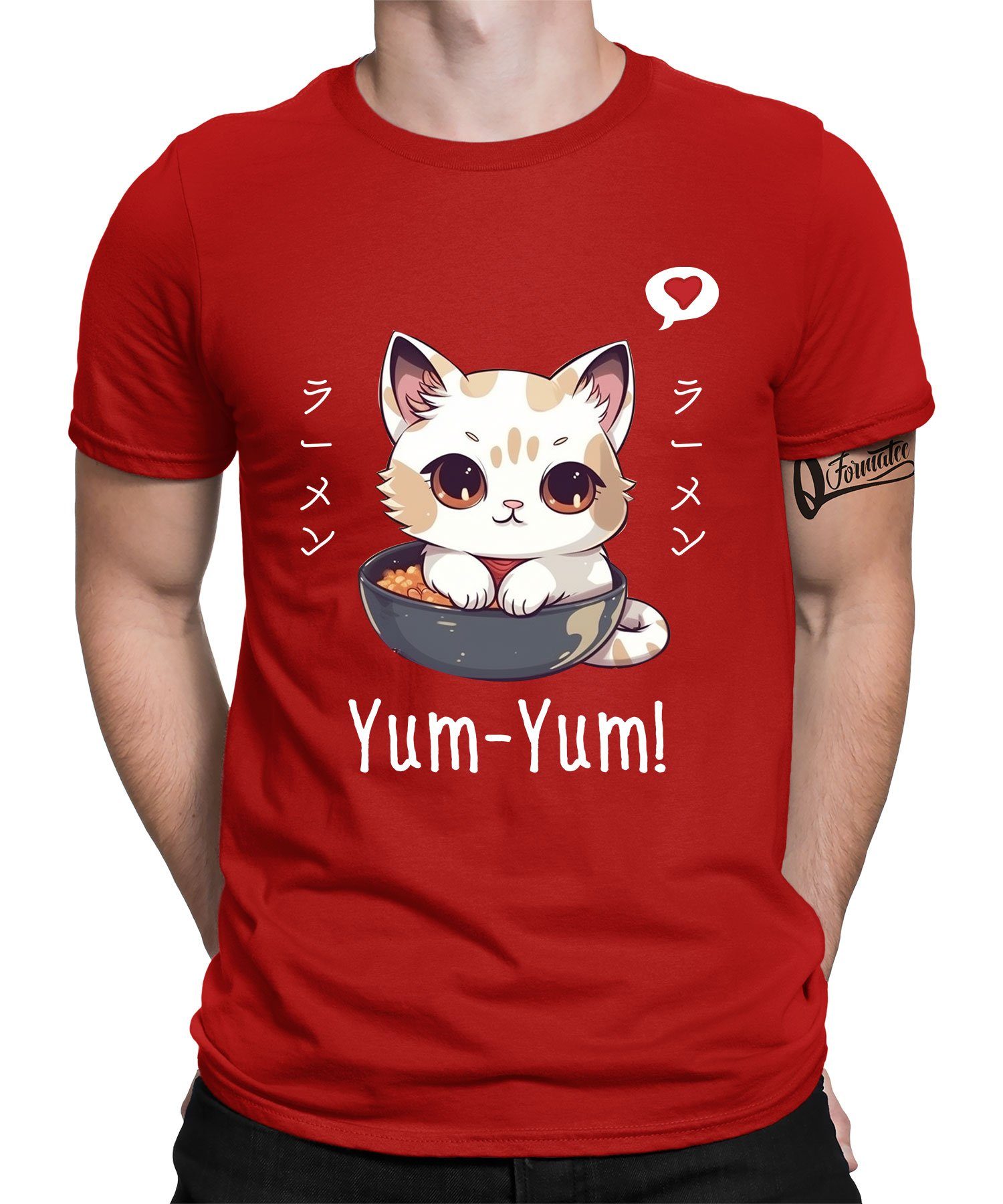 Kurzarmshirt Ramen Japan T-Shirt Formatee Katze Anime Japanische (1-tlg) Herren First Quattro Yum Rot Nudeln