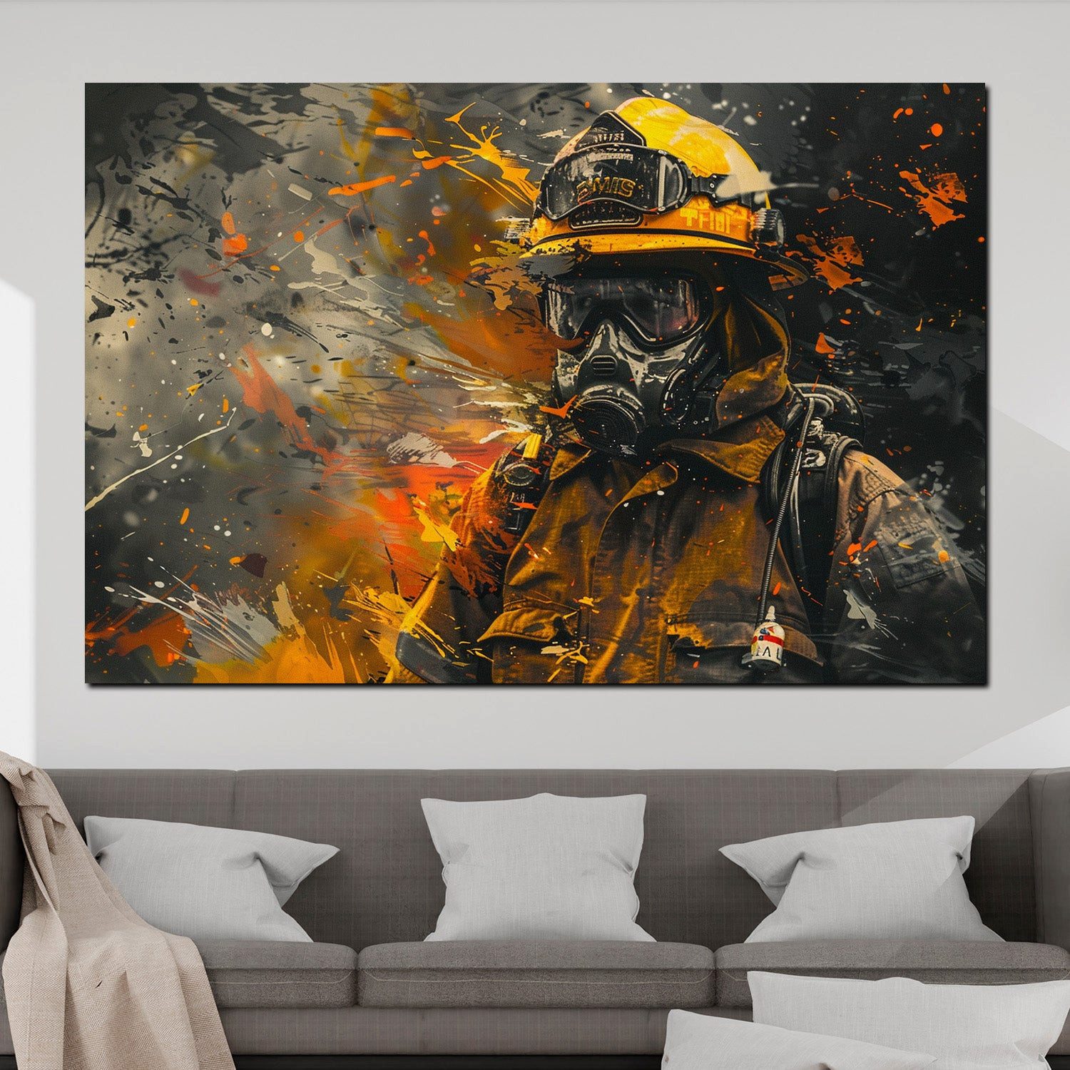 Artedinoi Leinwandbild Feuerwehrmann Gelb Atemschutz Street Art Leinwandbild Wandbild Kunstdr, Feuerwehrmann in Gelb, abstrakt