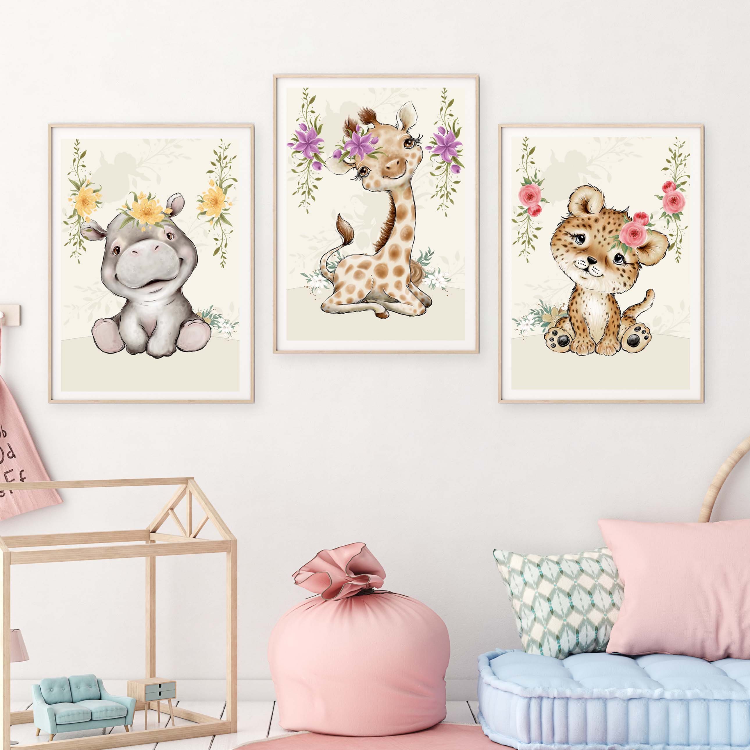 WANDKIND Poster Kinderzimmer Poster 3er Set Premium P724 / Tiere mit Blümchen, Wandposter in verschiedenen Größen