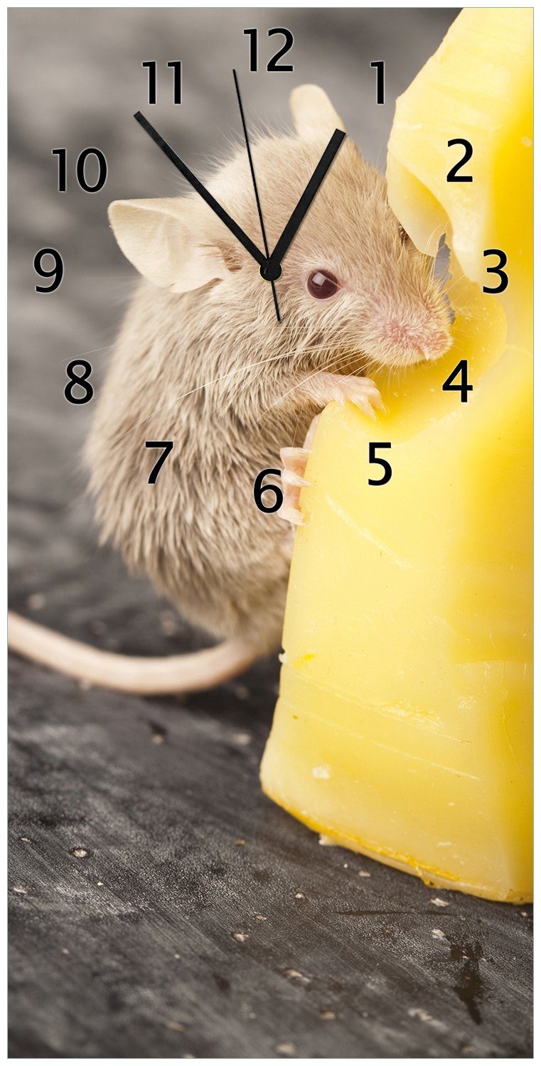 Wallario Wanduhr Süße Maus knabbert an einem Käse in der Küche (Uhr aus Acryl)