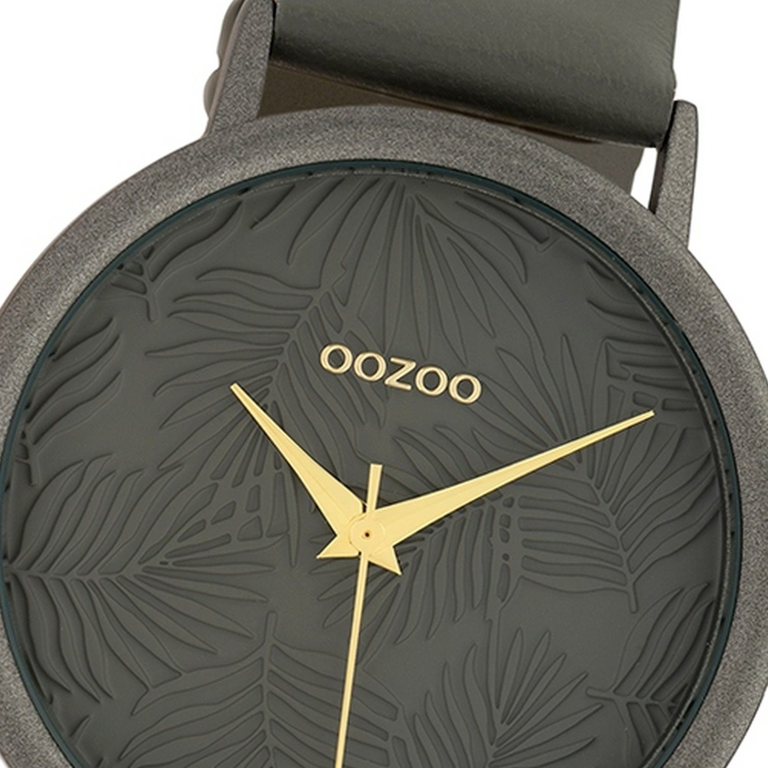 OOZOO Quarzuhr Oozoo Damen Armband-Uhr grau Analog, Damenuhr rund, groß  (ca. 42mm) Lederarmband, Fashion-Style, Zifferblatt mit Blattmuster