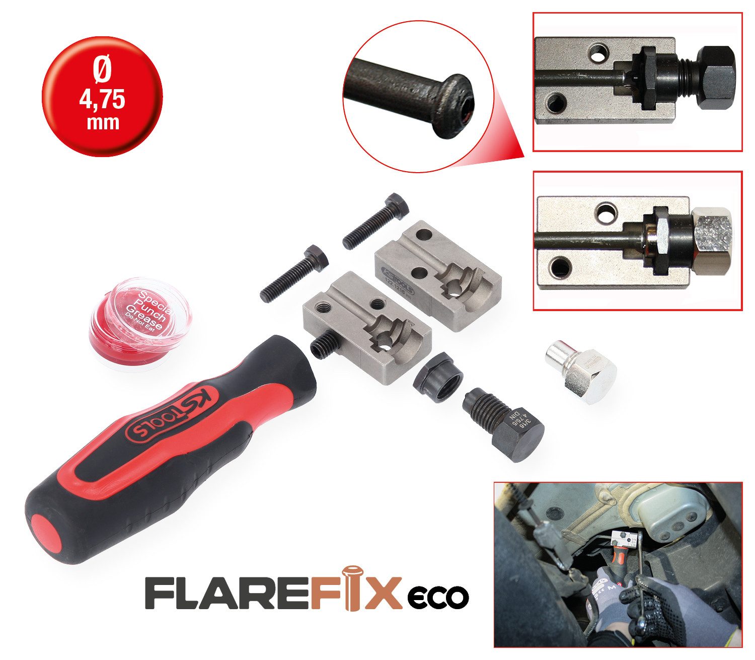 KS Tools Gabel- und Ringschlüssel FLAREFIXeco 4,75 mm Universal-Bremsleitungs-Bördelgerät-Satz, 4-tlg