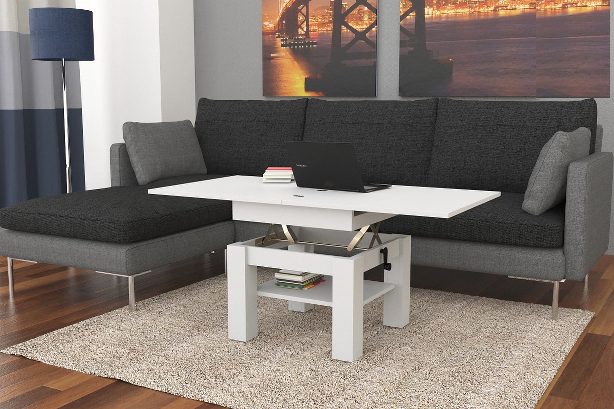 designimpex Couchtisch Design Couchtisch Cleo stufenlos höhenverstellbar aufklappbar Esstisch Weiß matt