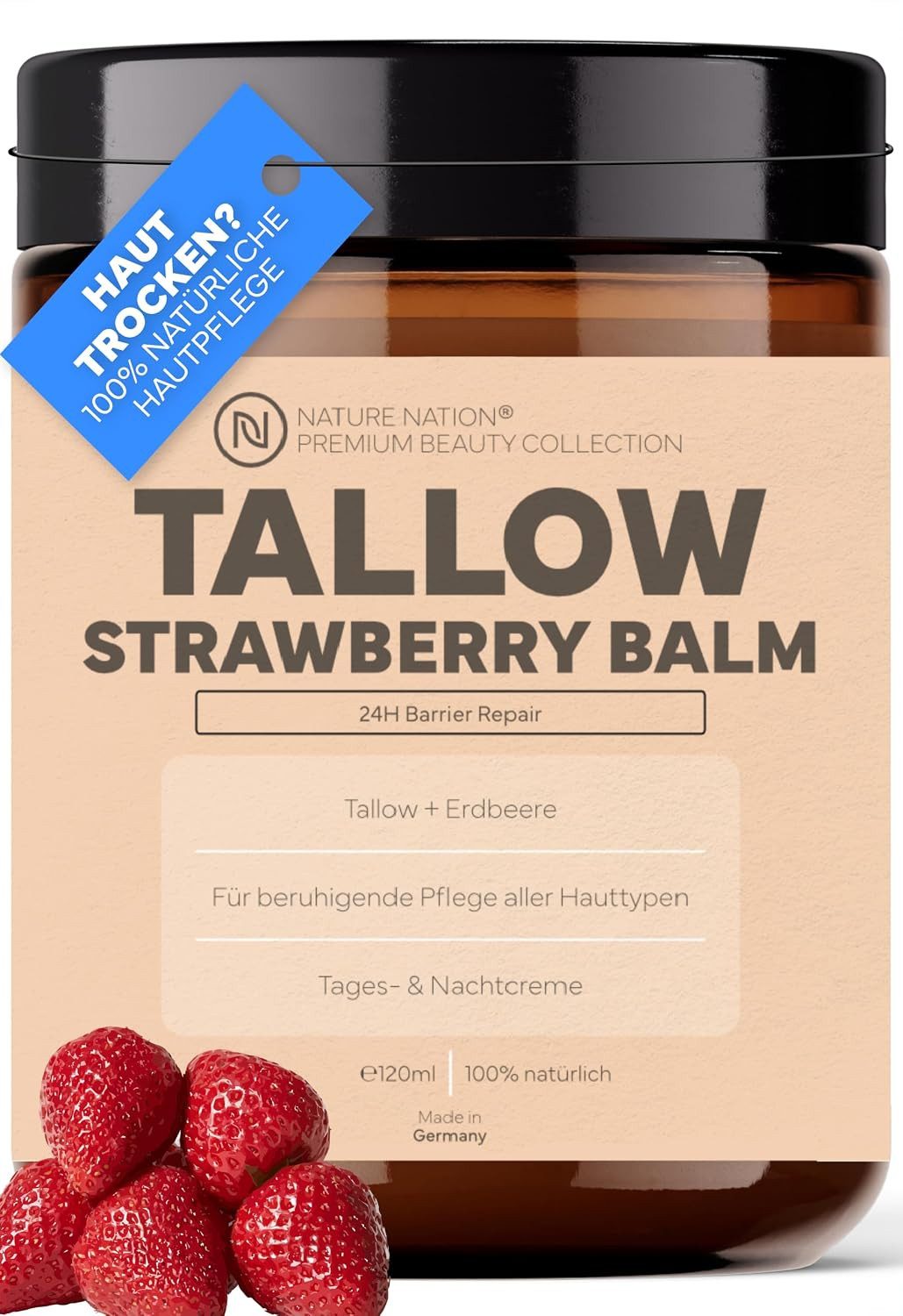 NATURE NATION Hautcreme TALLOW Natur Creme: 100% Beef Tallow Rindertalg Balm Barrier Repair, Reichhaltige Hautpflege, unparfümiert; Made in Germany
