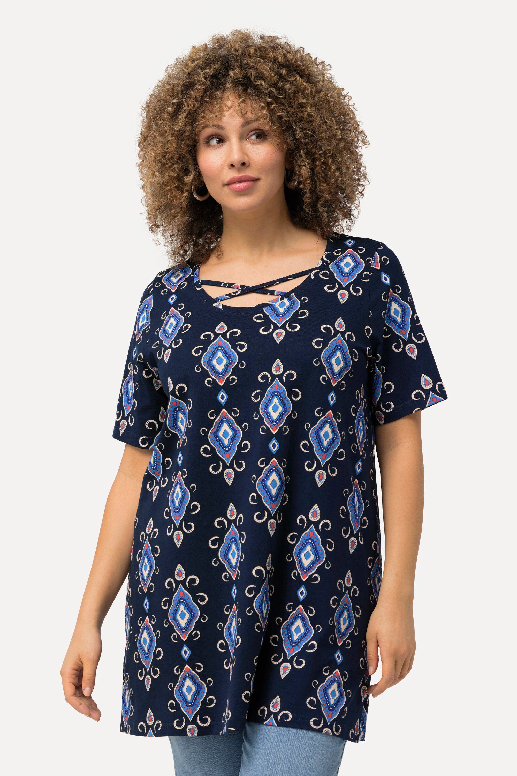 Longshirt Longshirt grafischer Druck Zierbänder Rundhals