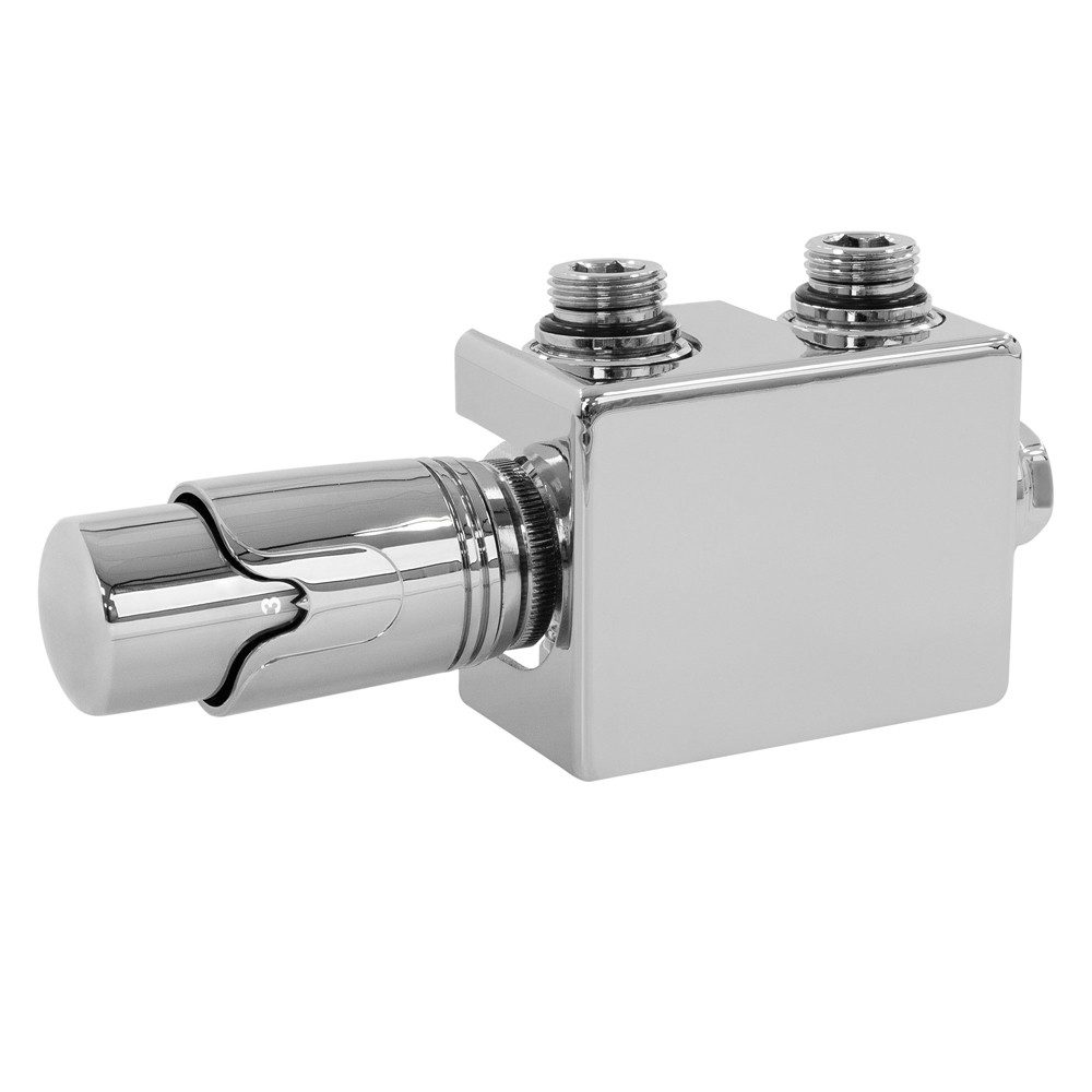 LuxeBath Heizkörperthermostat Ventil-Armaturen Multiblock Mittelanschluss Anschlussgarnitur, Thermostatventil Chrom Universal Eck-Durchgangsform + Thermostatkopf