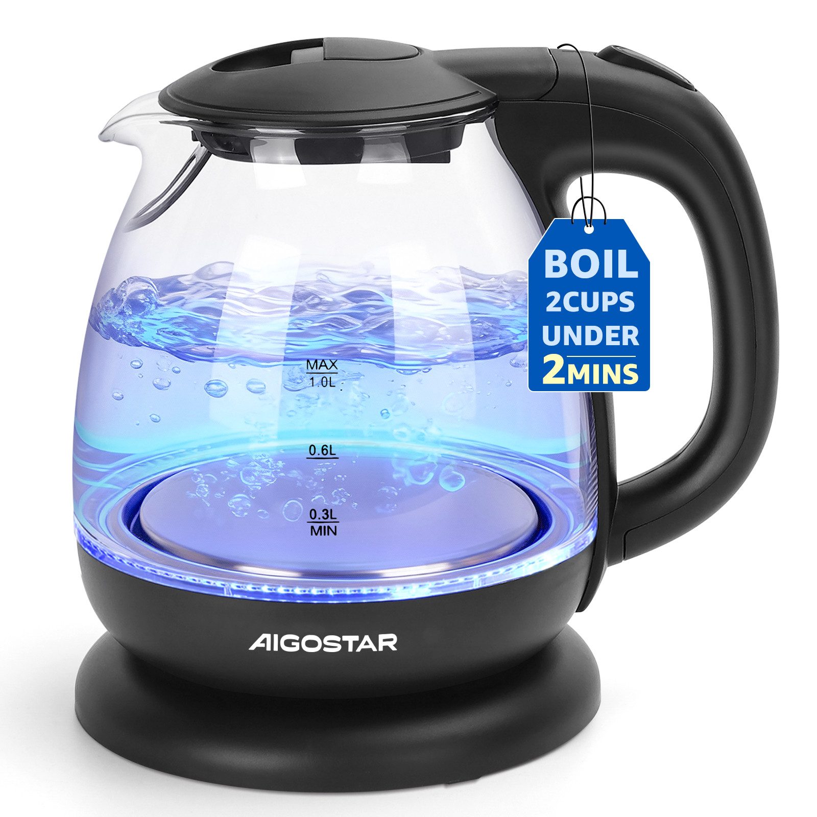 Aigostar Wasserkocher Wasserkocher Glas 1L, Mit LED-Beleuchtung, 2200W, 2200 W, Kompakter 1L Glas-Wasserkocher mit blauer LED-Innenbeleuchtung