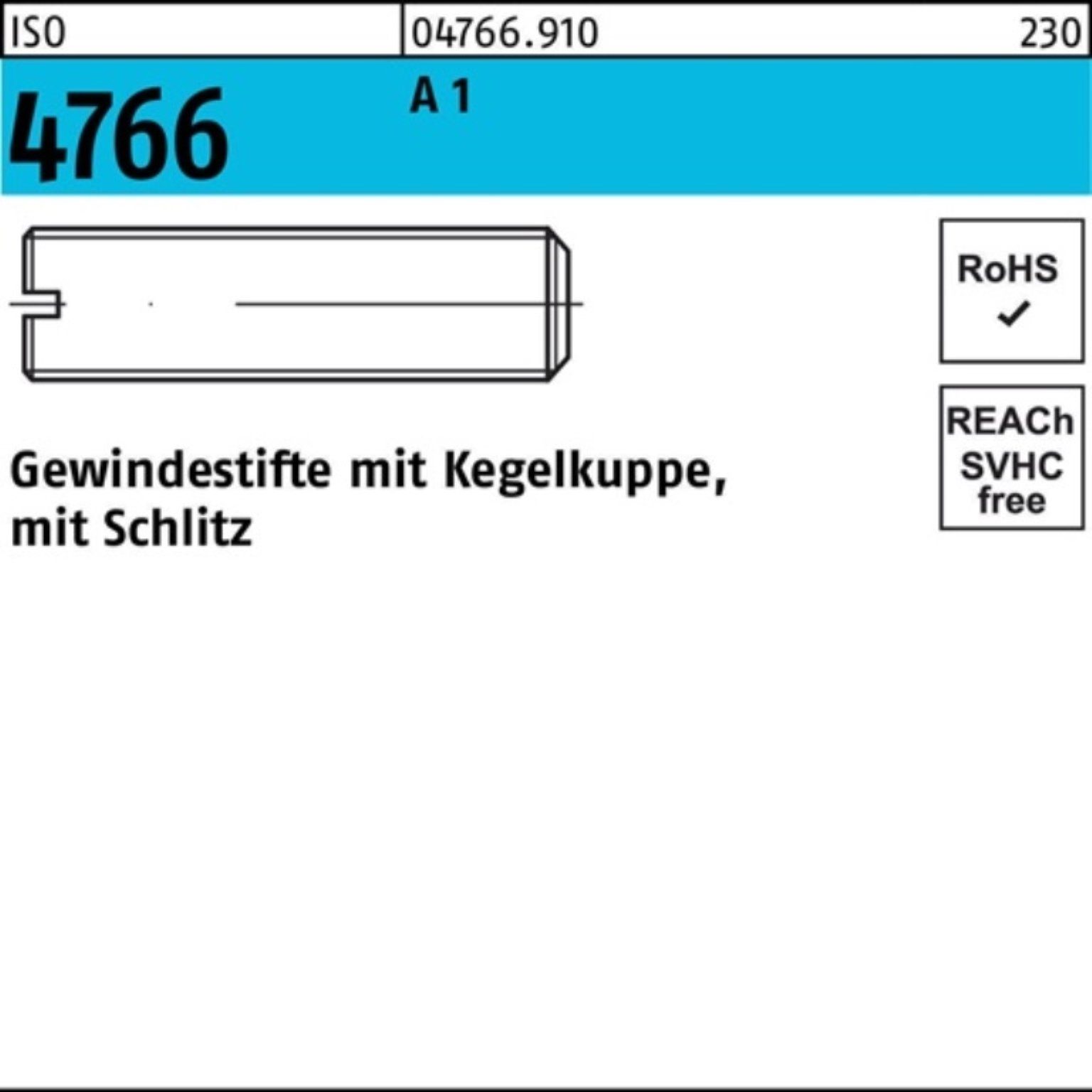 Reyher Gewindebolzen Stüc A 100er Pack Gewindestift Kegelkuppe/Schlitz 50 M4x 1 4766 8 ISO