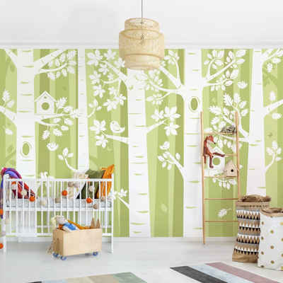 Bilderdepot24 Kindertapete Kinderzimmer Bäume Wald Grün Kinder Wanddeko Vögel Illustration XXL, Glatt, Matt, (Inklusive Gratis-Kleister oder selbstklebend), Mädchenzimmer Jungenzimmer Babyzimmer Bildtapete Fototapete Wandtapete