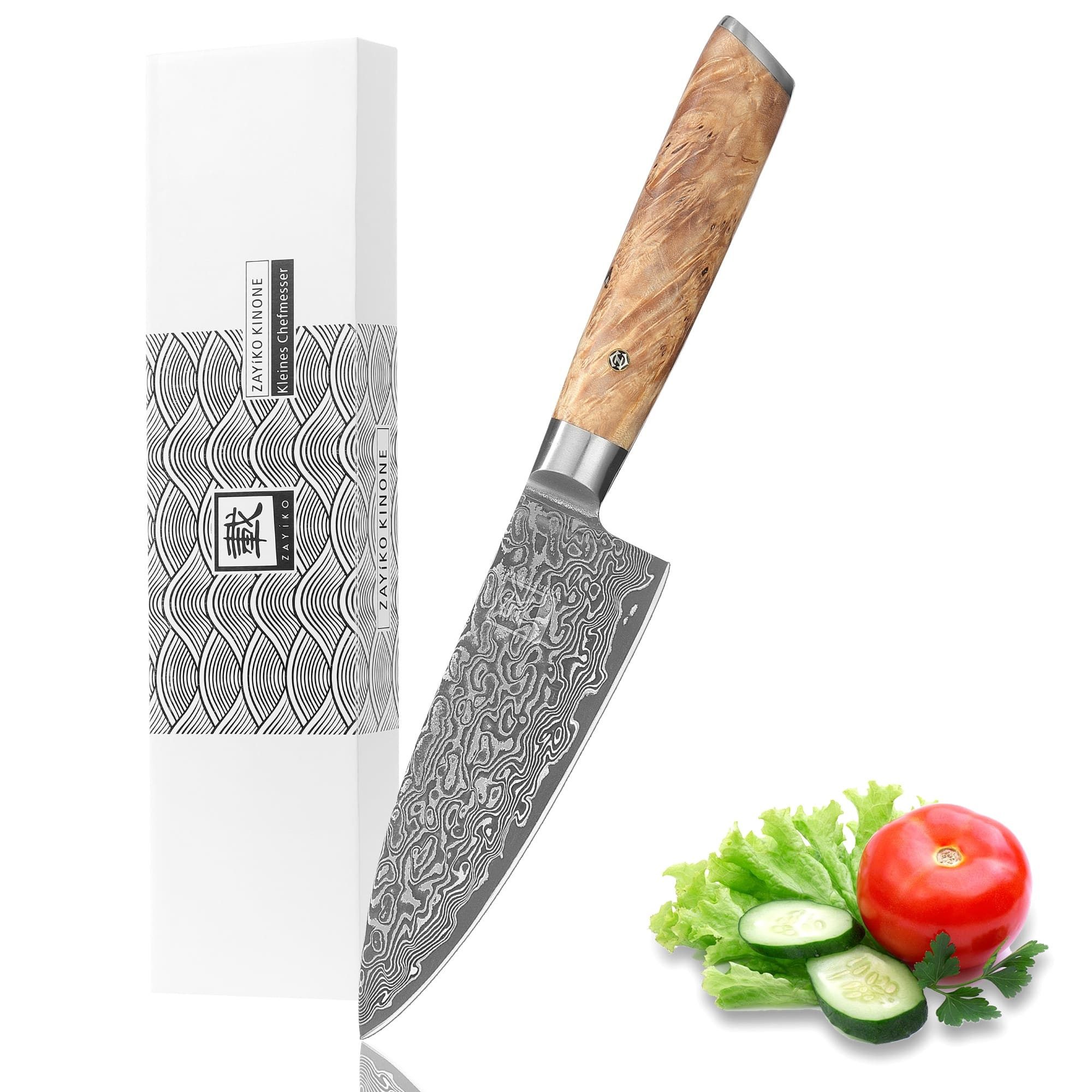 OTTO Kochmesser Kinone Damast Kleines Chefmesser I 16 cm Klinge Wurzelholzgriff Birke, dunkler Damaststahl