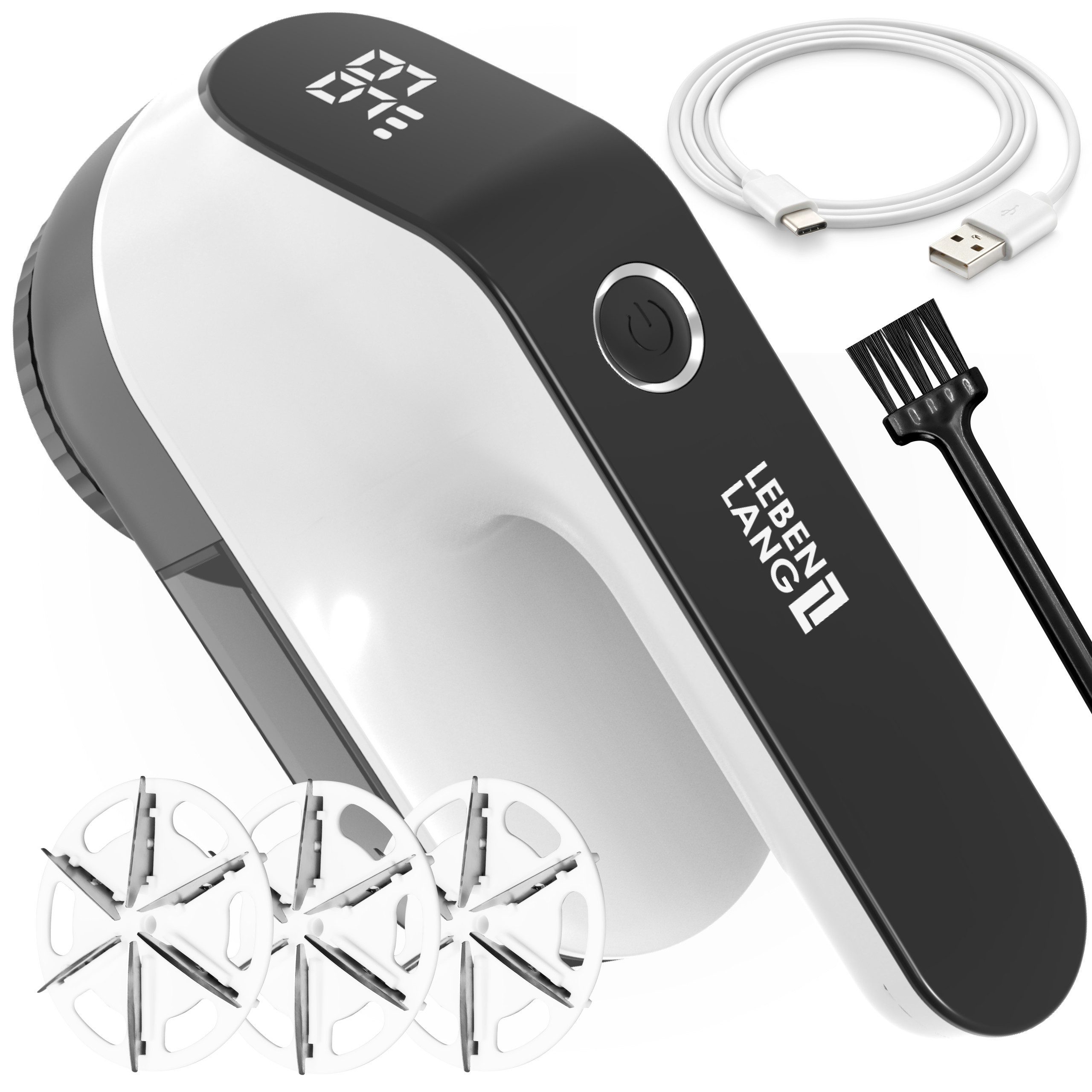 Lebenlang Fusselrasierer Elektrisch - 2000mAh & 2h Laufzeit mit LED-Anzeige & Reinigungspinsel, 3 Ersatzklingen, 6,5cm Schneidekopf, Inkl. Ladekabel & kurze Ladedauer
