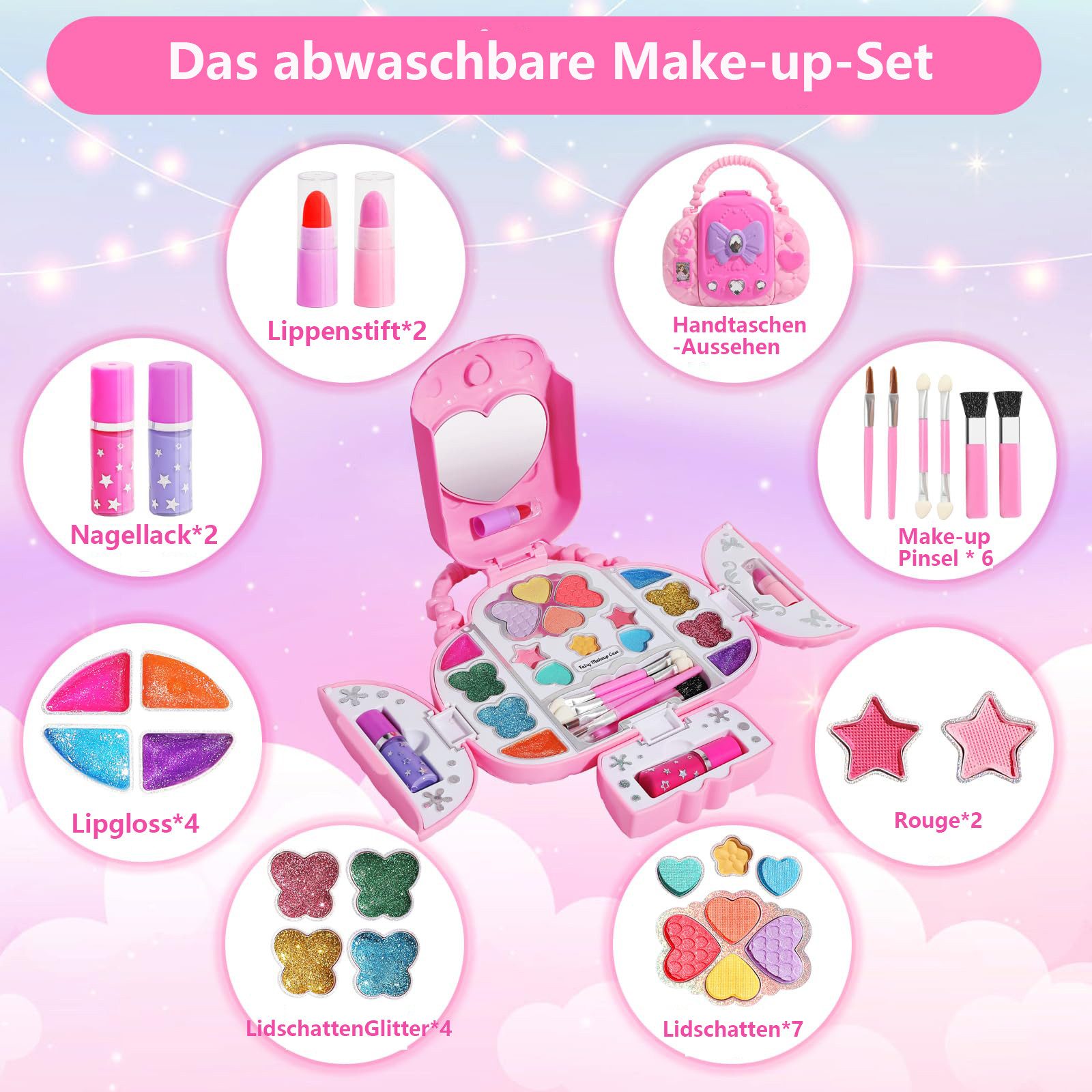 CLTYQ Kosmetik-Set Kreativset Kosmetik-Set,Kinder-Make-up-Kit mit Spiegel-,Make-Spielzeug, Prinzessinnen-Spielzeug-Kosmetik-Set,waschbares Make-up-Set