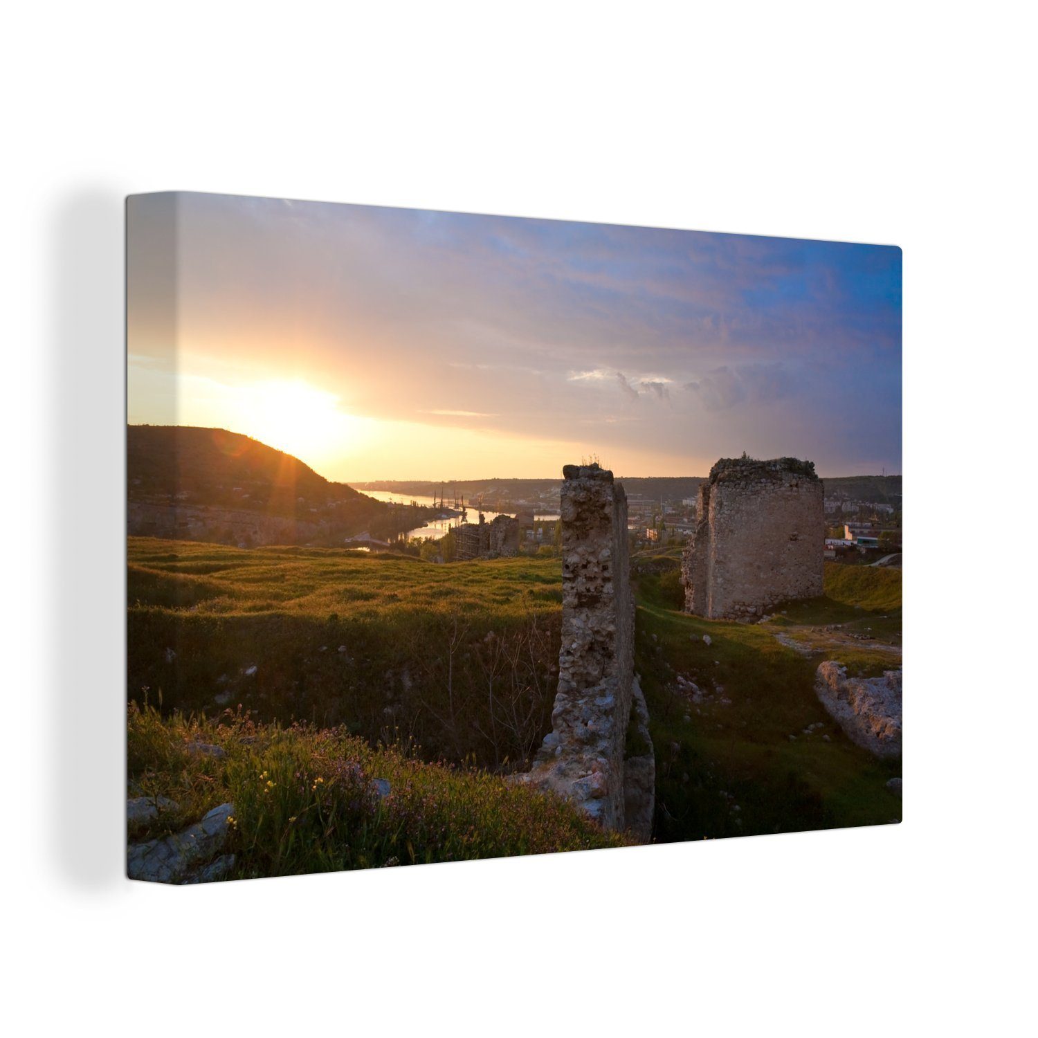 OneMillionCanvasses® Leinwandbild Sonnenuntergang über einer alten Festung auf der Krim bei Sebastopol, (1 St), Wandbild Leinwandbilder, Aufhängefertig, Wanddeko, 30x20 cm