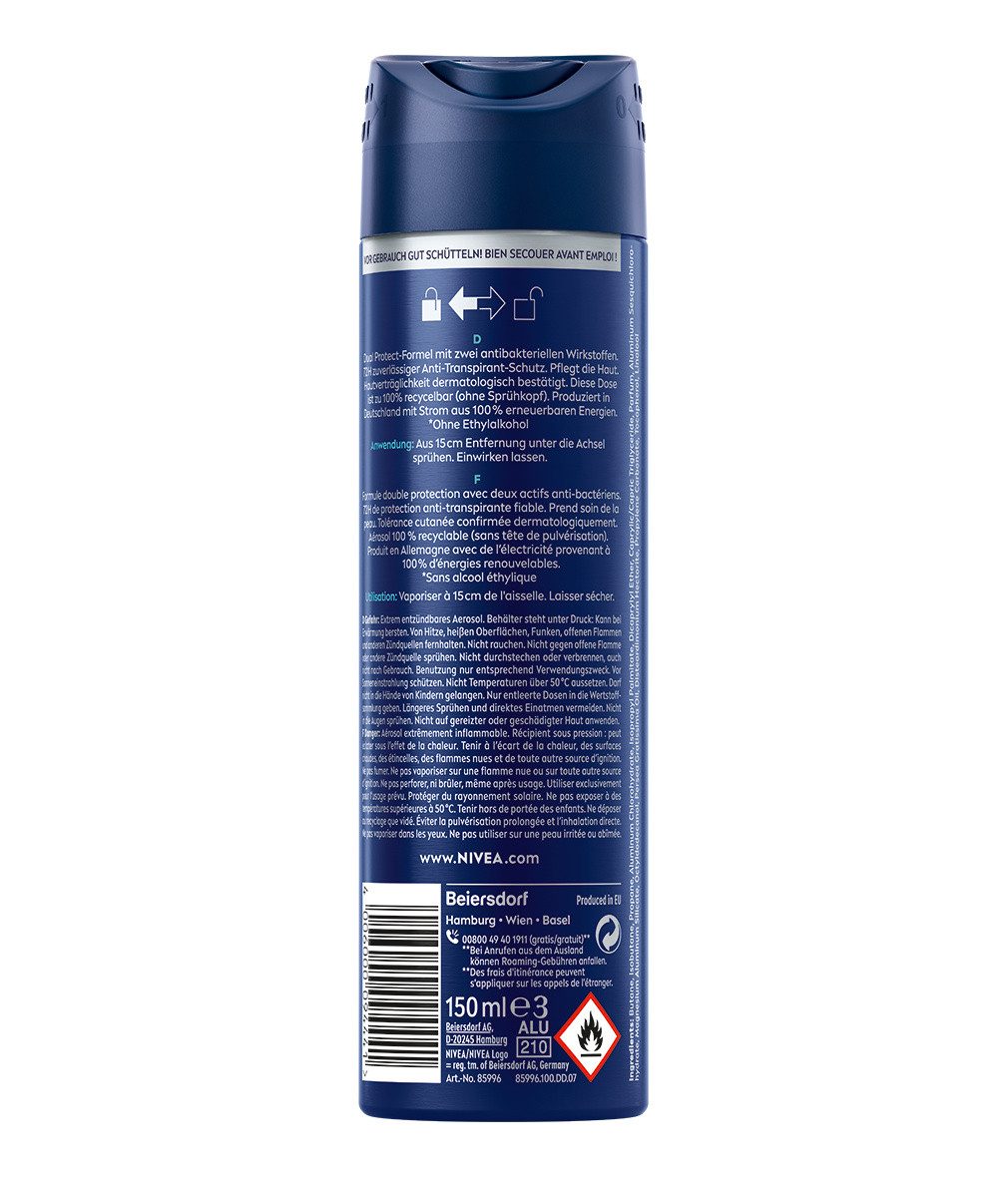 Nivea Men Deo-Spray Deodorant Dry Active 48h Aktiv-Schutz 6 x 150ml, Packung, 6-tlg., Zuverlässiger 72h Anti-Transpirant-Schutz, der Ihre Haut pflegt