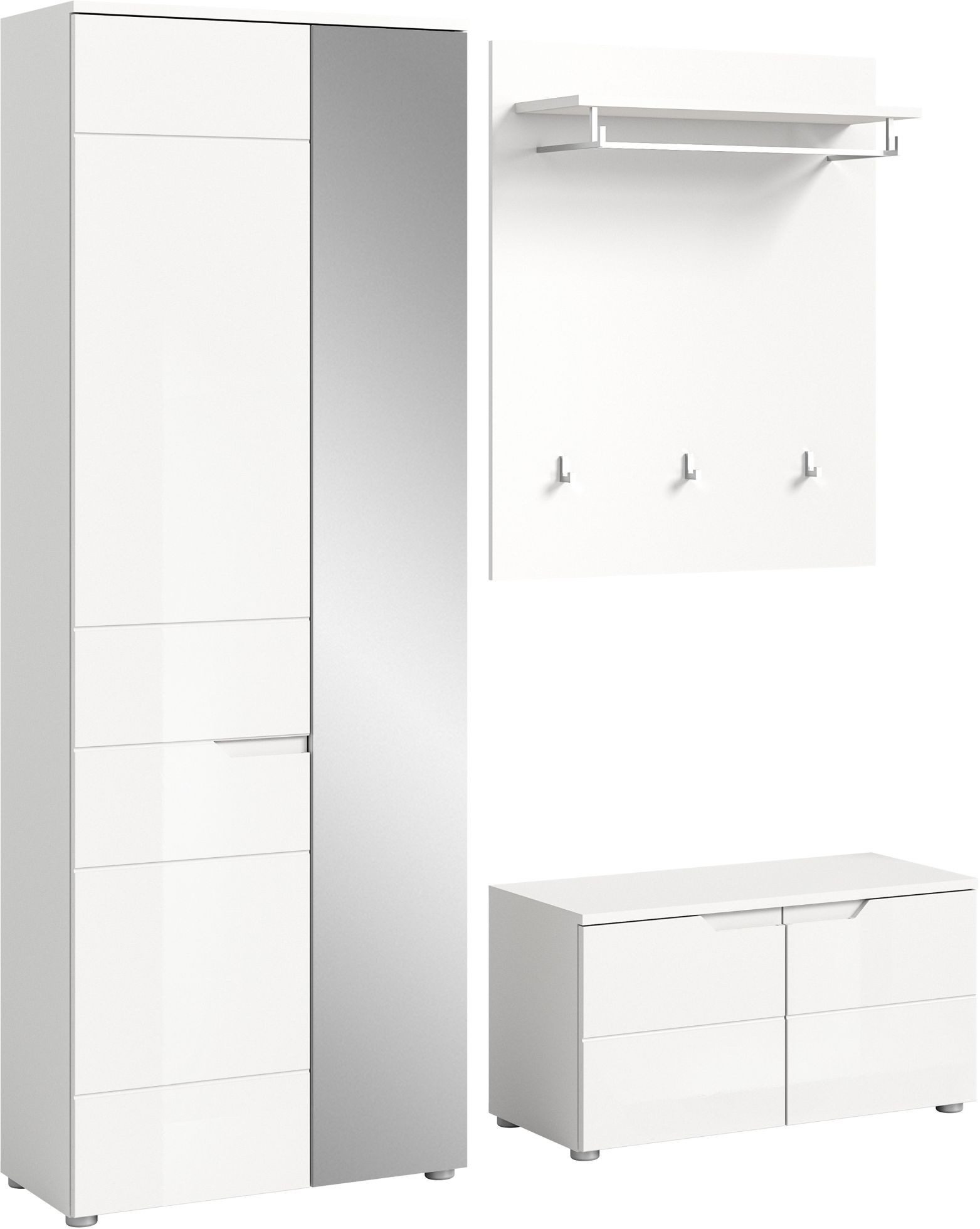 xonox.home Garderoben-Set, (3tlg. Set bestehend aus Garderobenschrank, Sitzbank, Paneel), Weiß Hochglanz Softclose Melamin Modern 163x193x37 cm