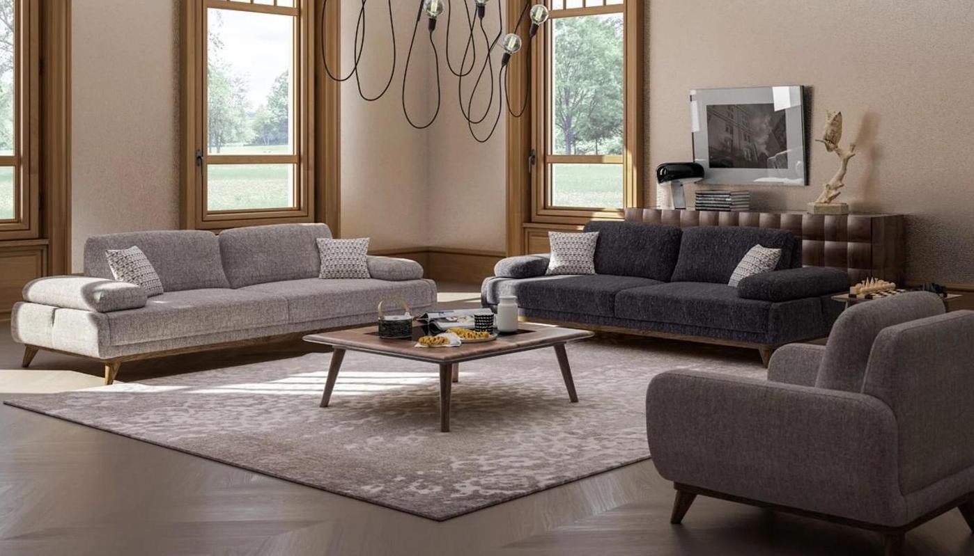 Xlmoebel Polstergarnitur Grau Textil-Design Sofa mit passendem Couchtisch, (Polstergarnitur, 3-tlg., 4tlg Wohnzimmer Set (Sofa 2 + 3 Sitzer + Sessel + Couchtisch), Hergestellt in Europa