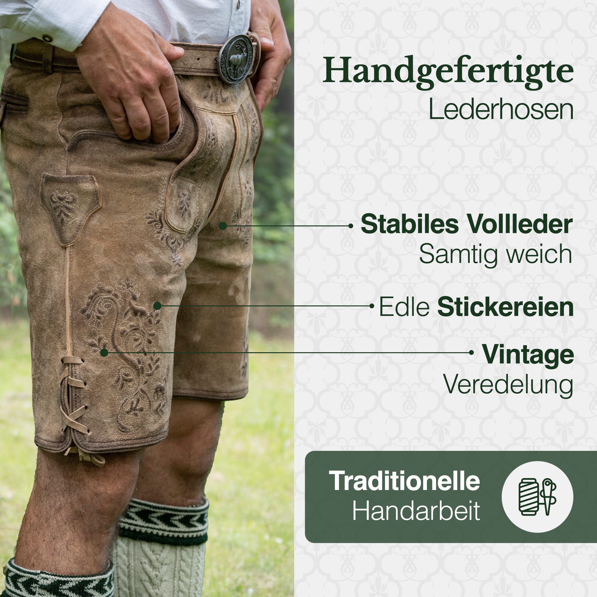 Schöneberger Trachten Couture Trachtenlederhose Lederhose Herren kurz mit Trachtengürtel für Oktoberfest - Wildbock Stickereien, echtes Nubukleder, inkl. Trachtengürtel