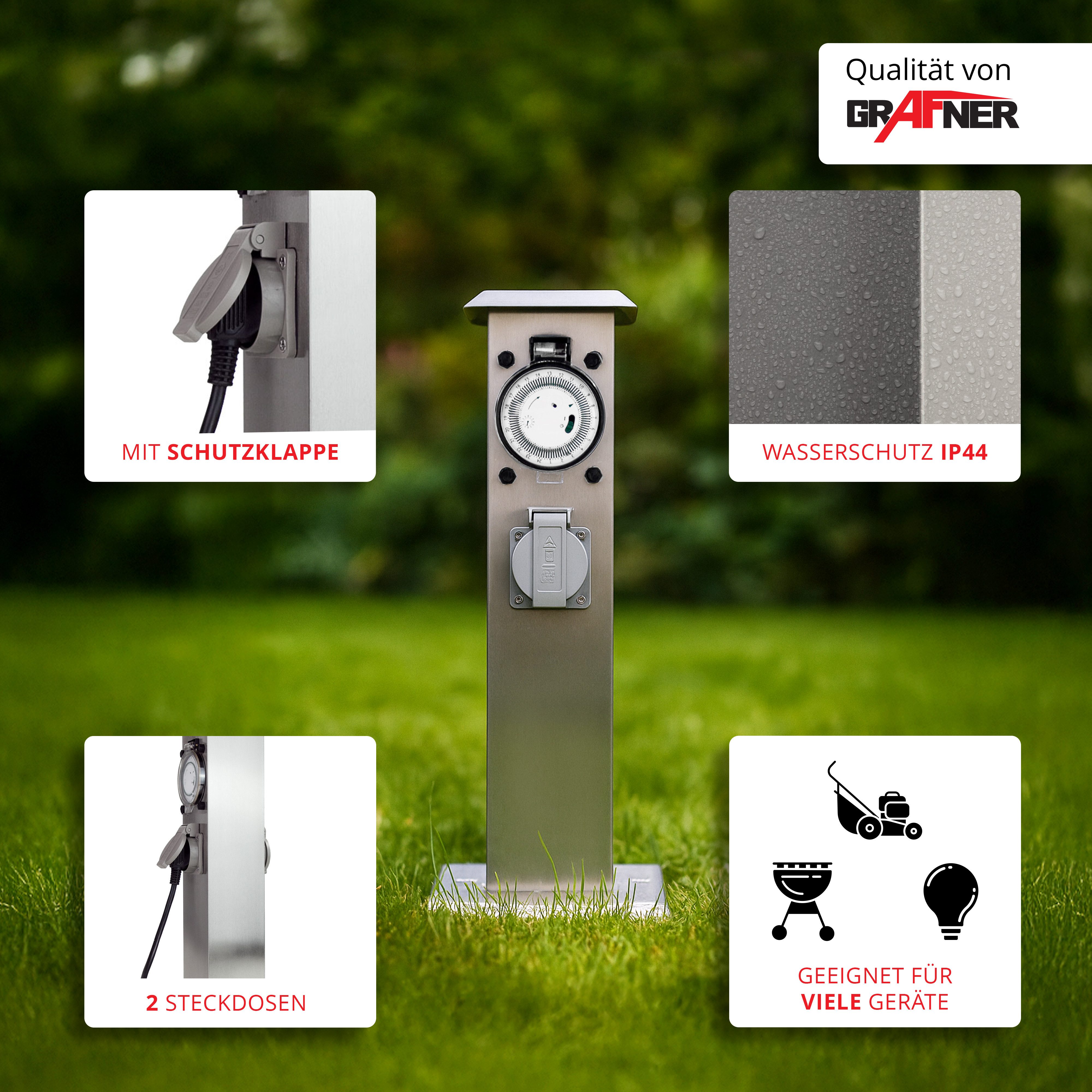 Grafner Gartensteckdose Steckdosensäule Timer 2 Steckdosen Edelstahl Gartensteckdose, Stck, 1-St., 1, Witterungs-, Alkali- und Säurebeständig, 24 Stunden Timer