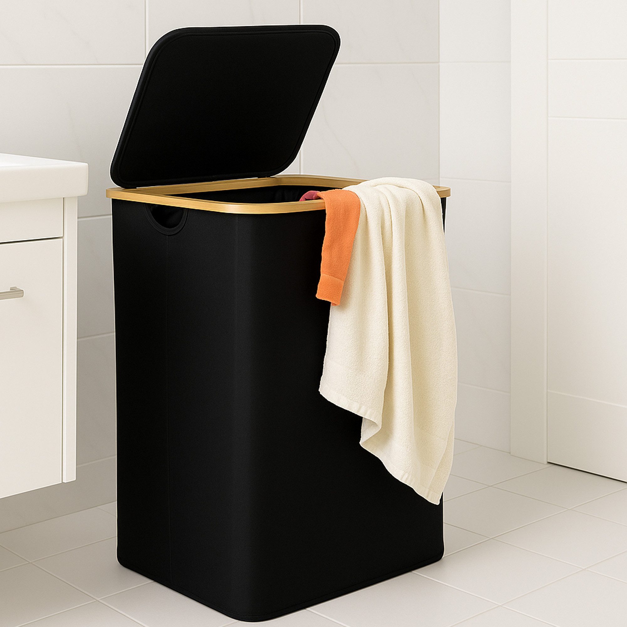 Bestlivings Wäschekorb mit Bambusrahmen inkl. herausnehmbarer Tasche, 100L, 41x37x71cm, seitliche Griffe, Wäschebox, faltbar, hygienisch