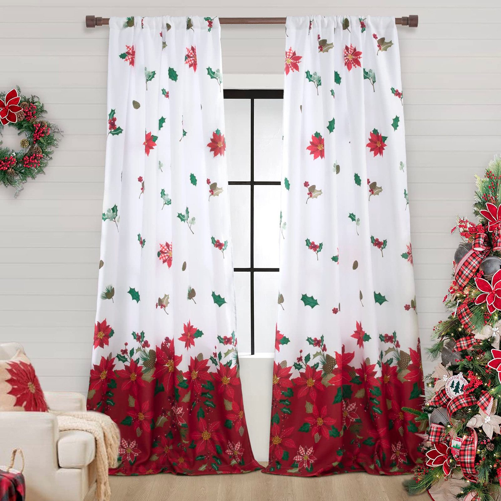 BTTO V&G Gardine Weihnachtsvorhang mit Blumenmuster 2 Stück, verdunkelnd, Stangentasche Obere und Untere