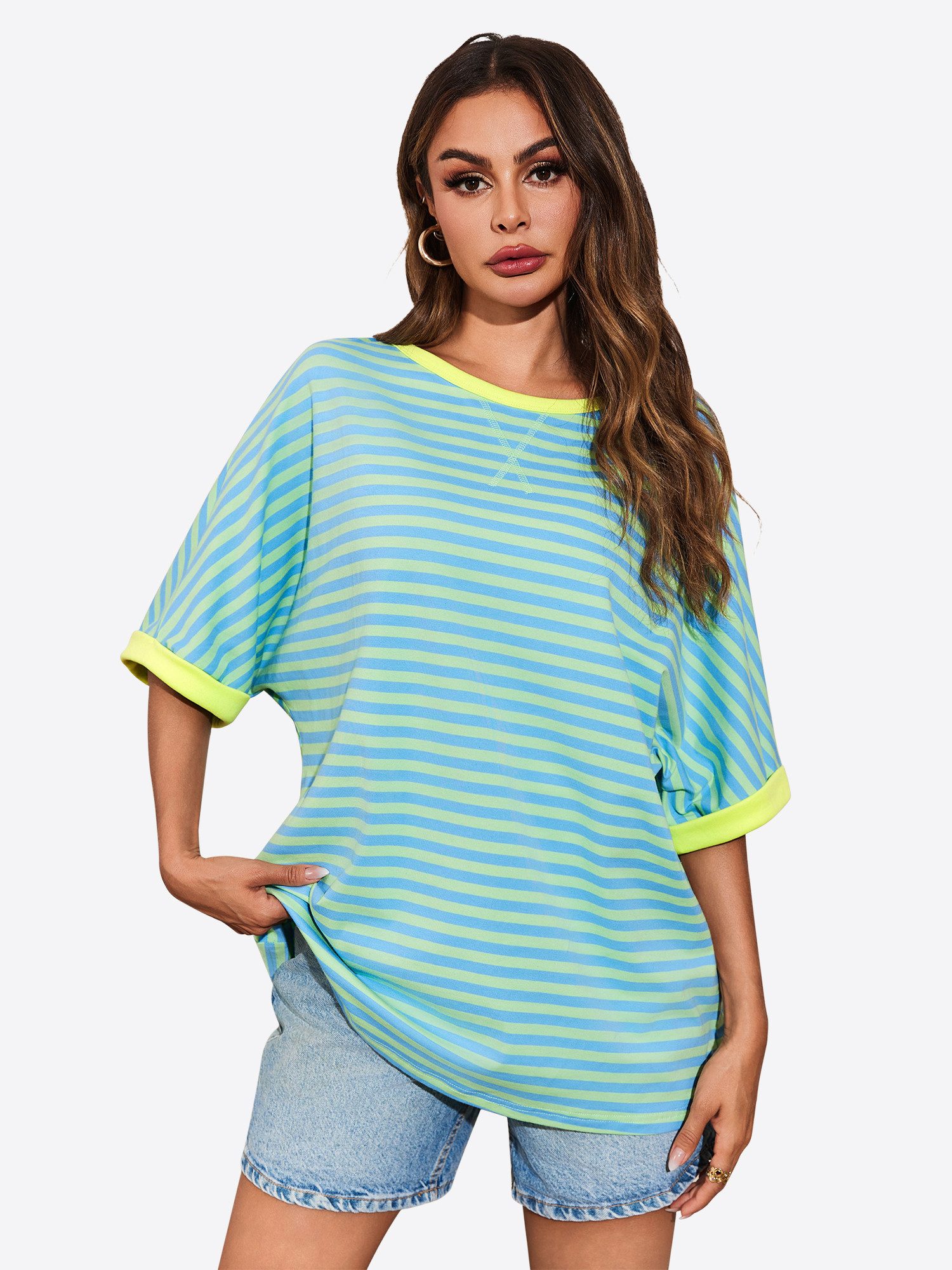 Imily Bela T-Shirt Damen Oversize Streifenmuster und Kontrastborten Relaxed günstig online kaufen