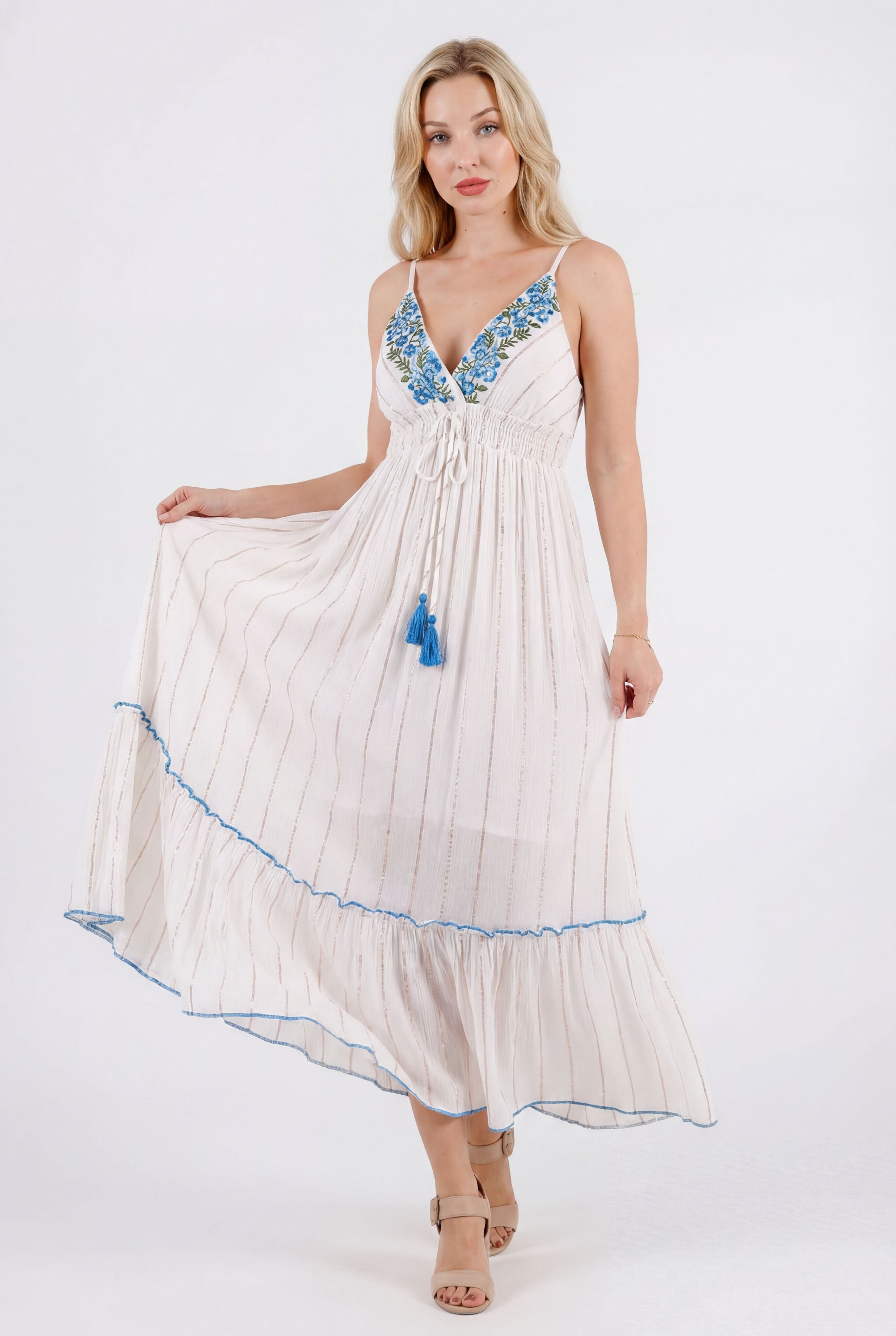 YC Fashion & Style Maxikleid Sommerkleid mit floraler Stickerei und elastischer Empire-Taille aus Viskose