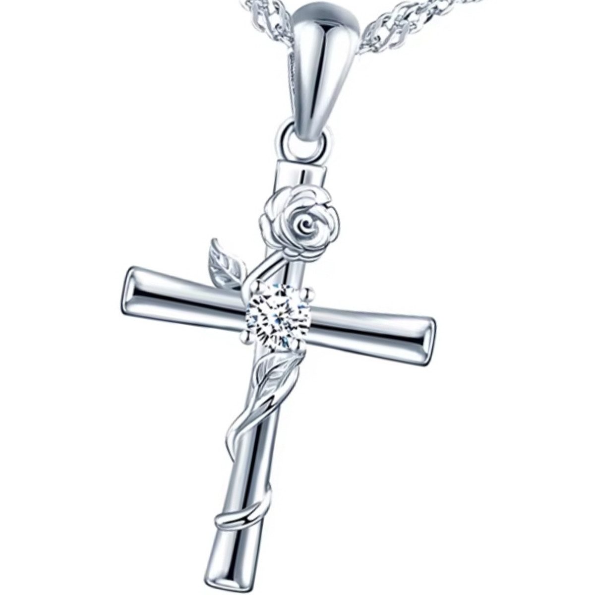Kreuzkette Jesus-Kreuz Zirconia Silberkette Damen Halskette mit Kreuzanhänger