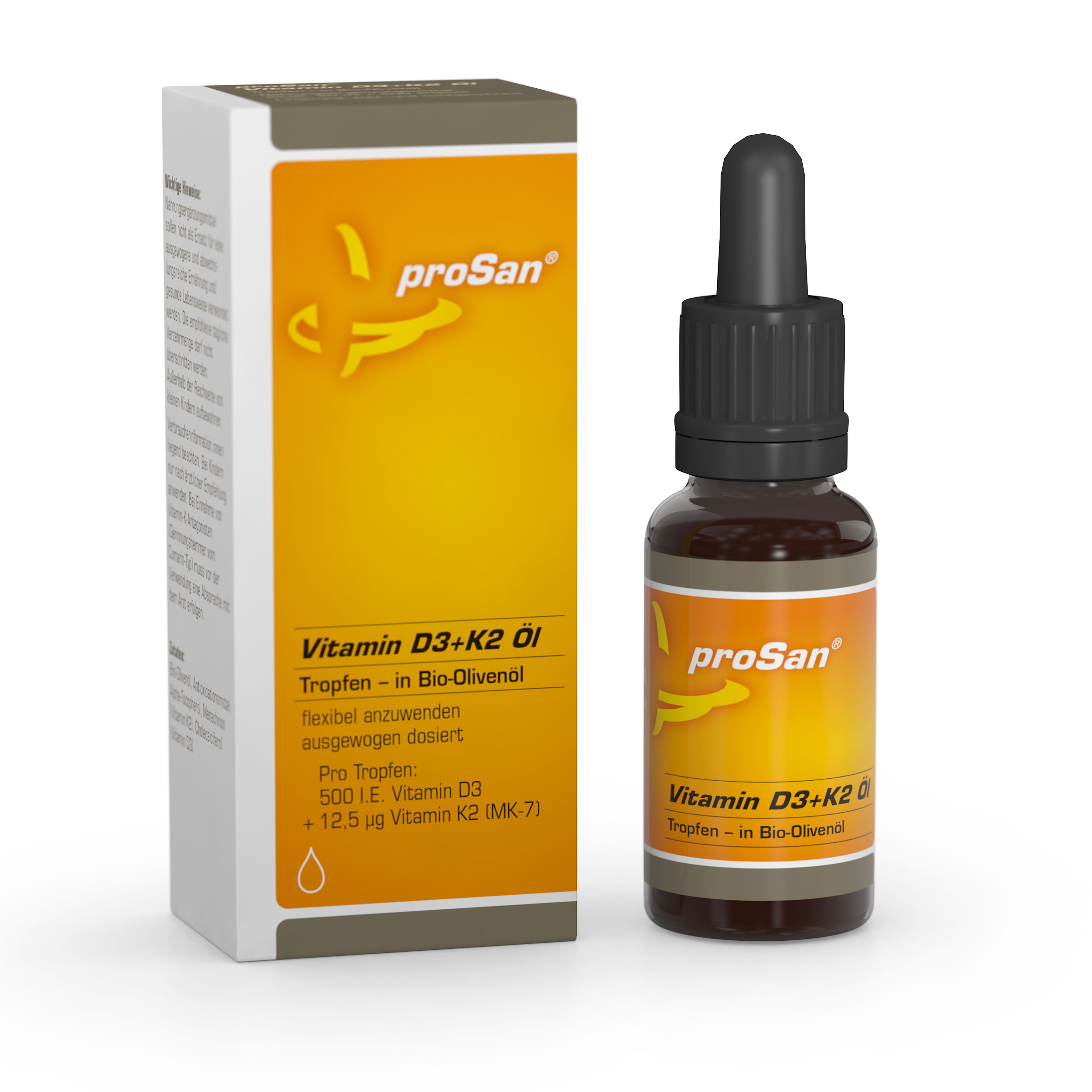 proSan Vitamin D3+K2 Öl, Aus Bio-Olivenöl, hochdosiert & bioverfügbar, Tropfen, 20 ml