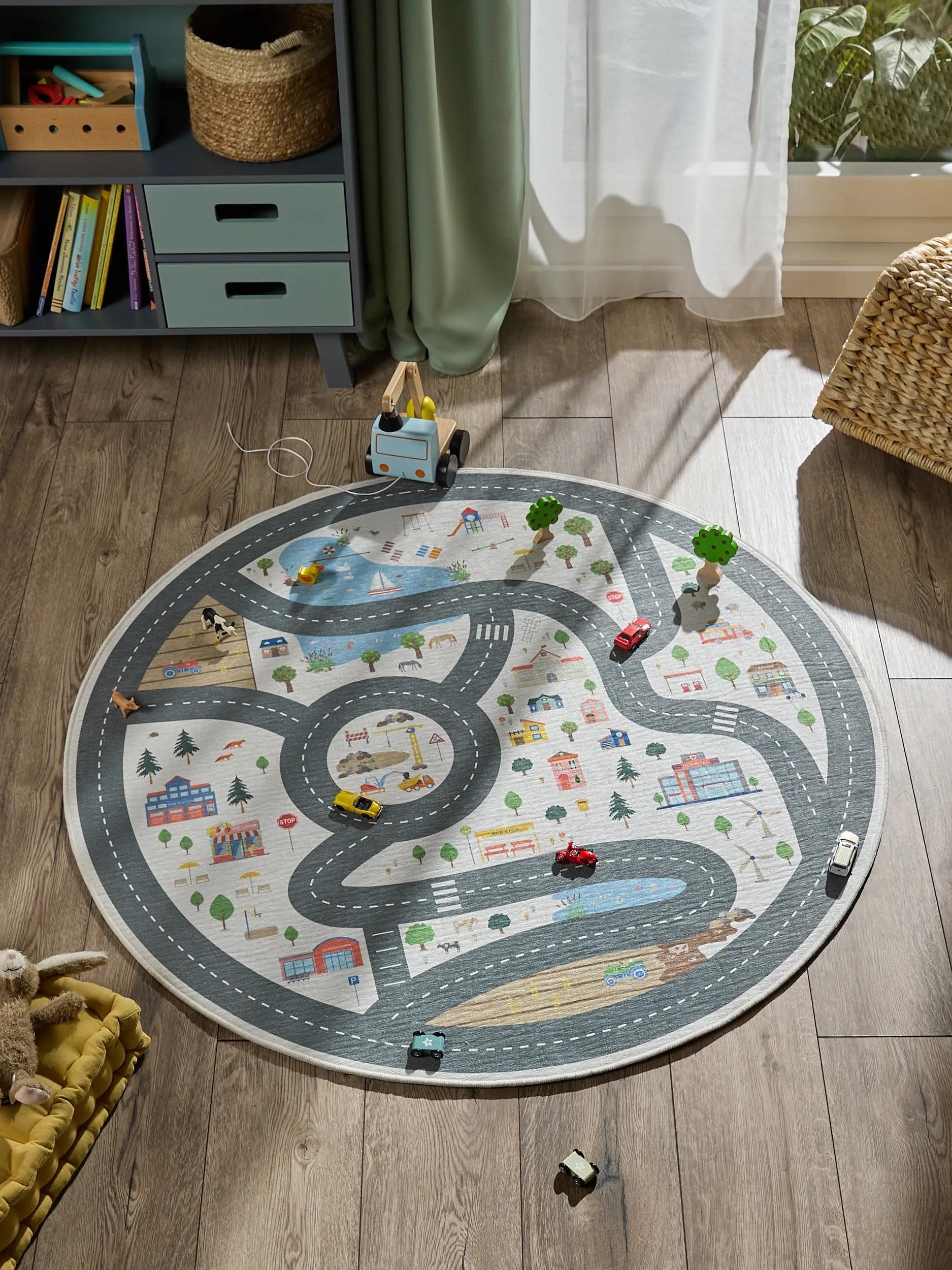 benuta Kinderteppich Linus, rund, Höhe: 5 mm, Kinderteppich, Teppich Kinderzimmer waschbar, Spielteppich