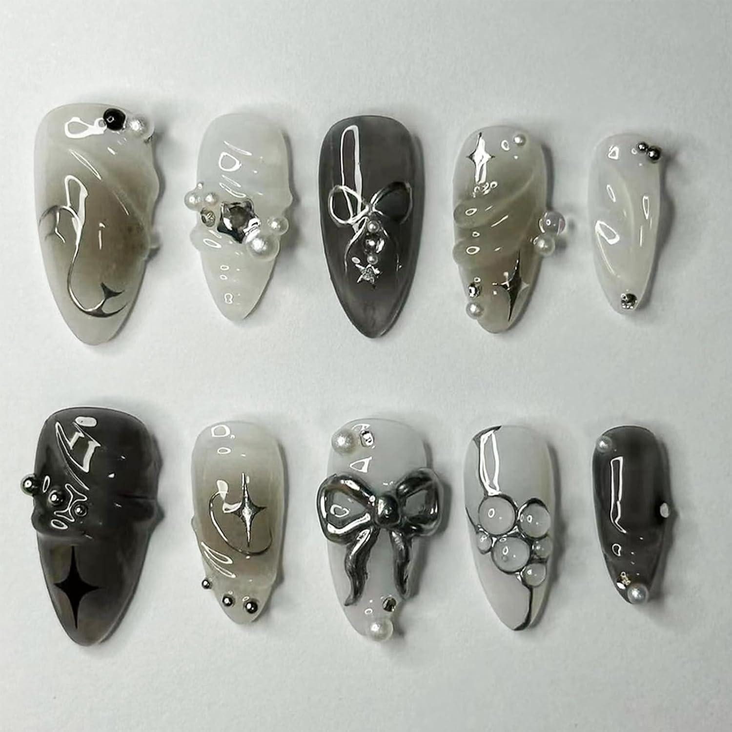 LuxusKollektion Kunstfingernägel 24 Stück Black Press on Nails Almond Perlen Design Gradient