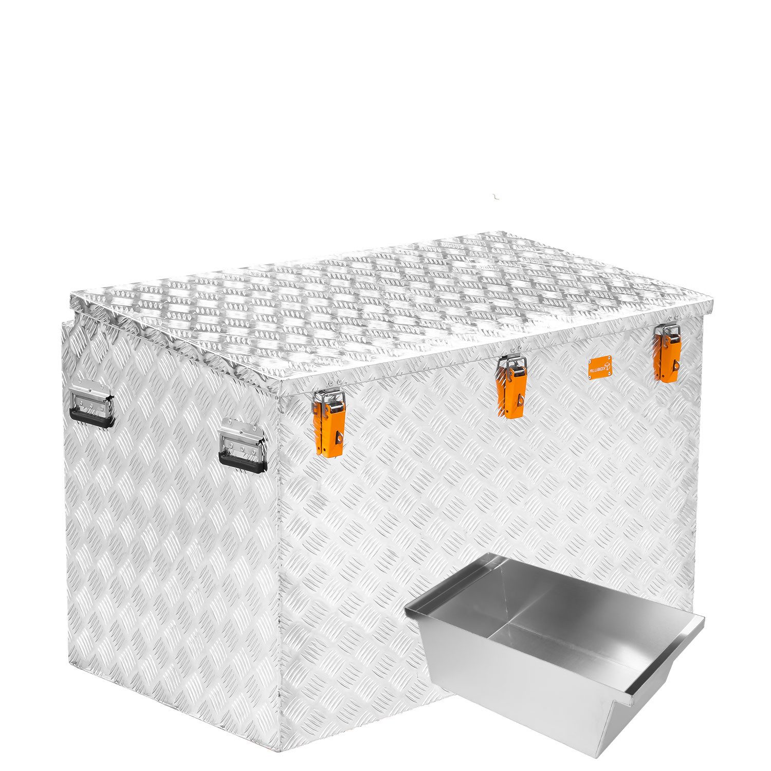 ALUBOX Kiste Pritschenbox Pickup Alu Riffelblech (520 Liter), 120 x 67 x 77 cm - 3 mm RIffelblech - mit Einsatzfach