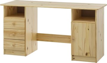 furnling Schreibtisch Oslo, aus massivem Kieferholz,1-türig mit 3 Schubladen und 2 offenen Fächern