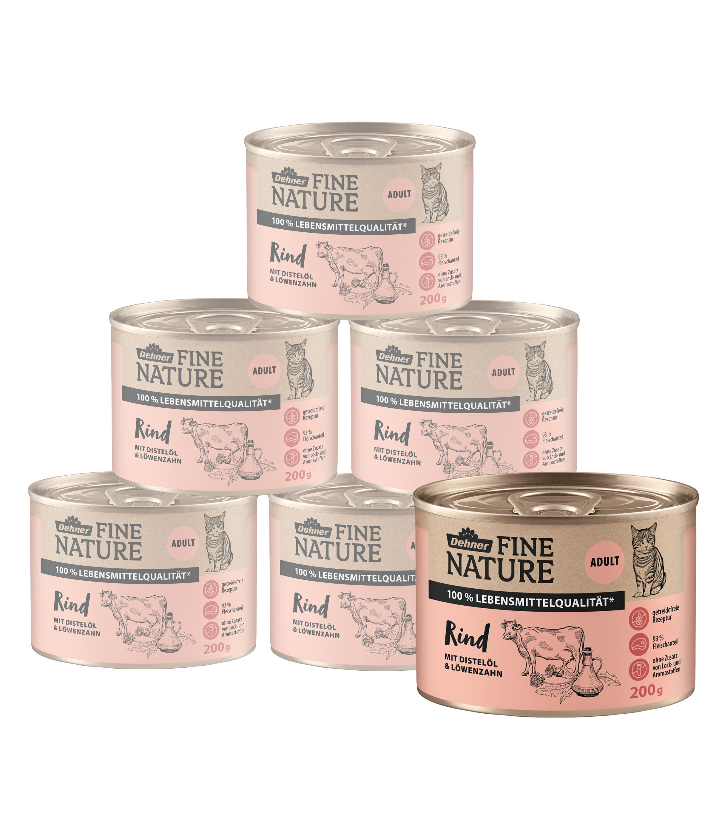 Dehner Fine Nature Adult Rind mit Distelöl, 6 x 200 g / 400 g Dose Rind, 1200g, Nassfutter für ausgewachsene Katzen, getreidefrei