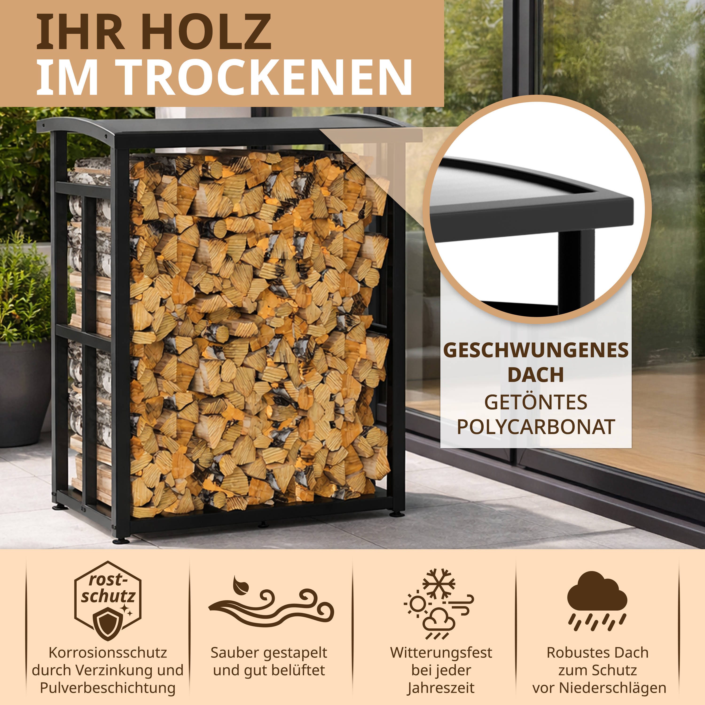 LAWA Living and Lifestyle Kaminholzregal aussen Metall Dach Garten Terrasse Balkon 2x 25cm Brennholz Unterstand, BxTxH:91.00x56.00x117.00 cm, verzinkt, wetterfest, schwarz