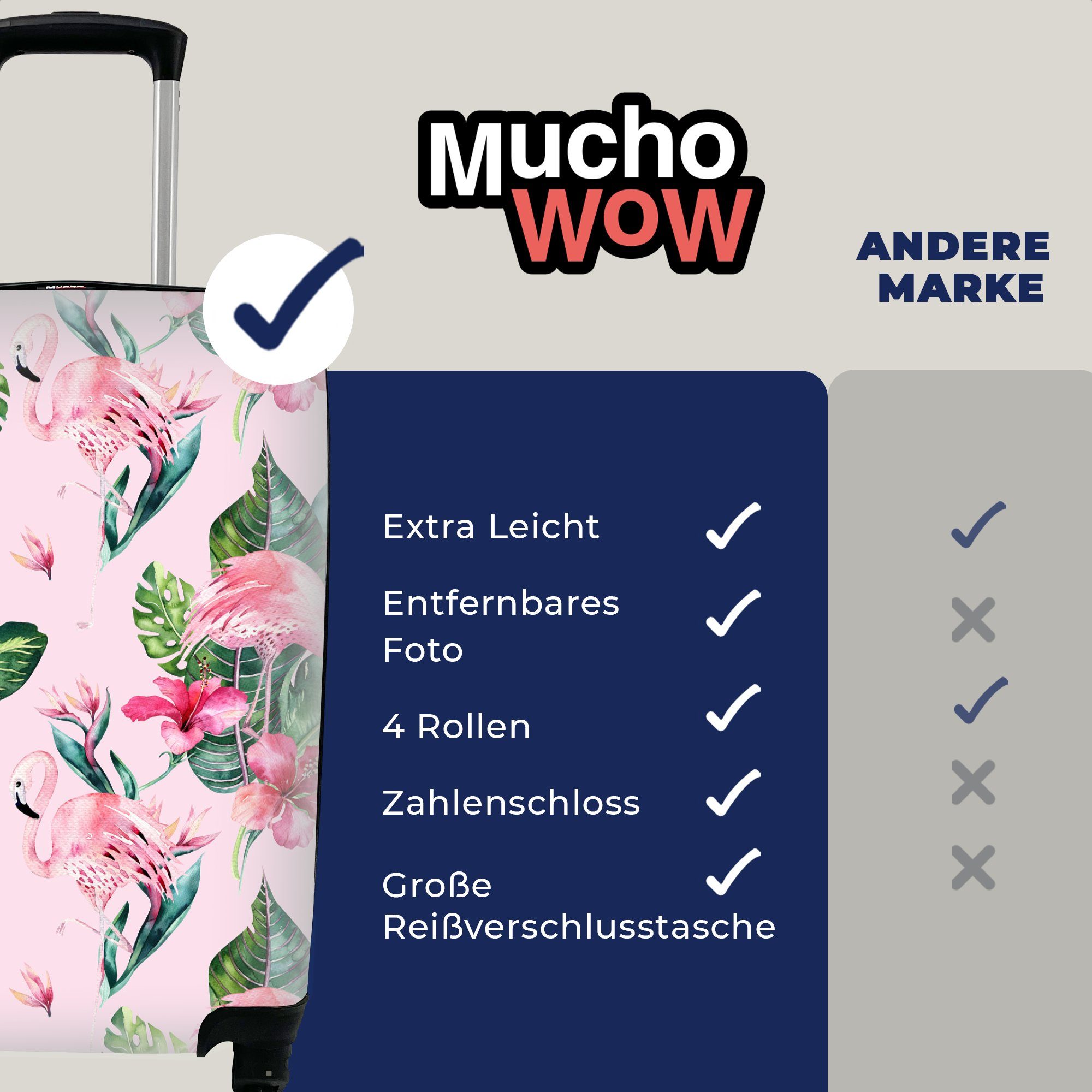 MuchoWow Handgepäckkoffer Blumen - Flamingo - Pflanzen, 4 Handgepäck mit Reisekoffer Ferien, für Rollen, Trolley, Reisetasche rollen