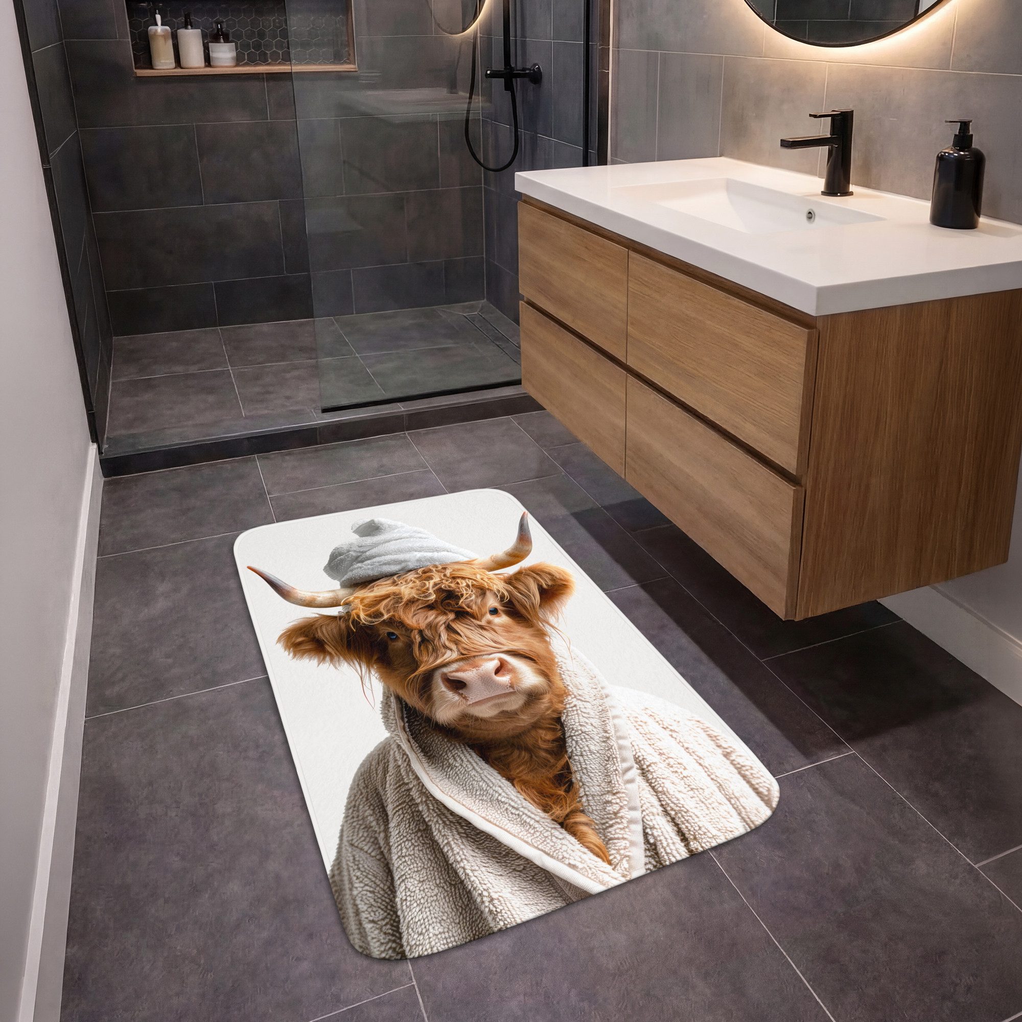 OnlyWow Badematte Schottischer Highlander - Bademantel - Kuh - Tiere, Höhe 10 mm, Polyester, Rechteckig, Badezimmerteppich, Badteppich, Rutschfest, Duschvorleger, Duschmatte